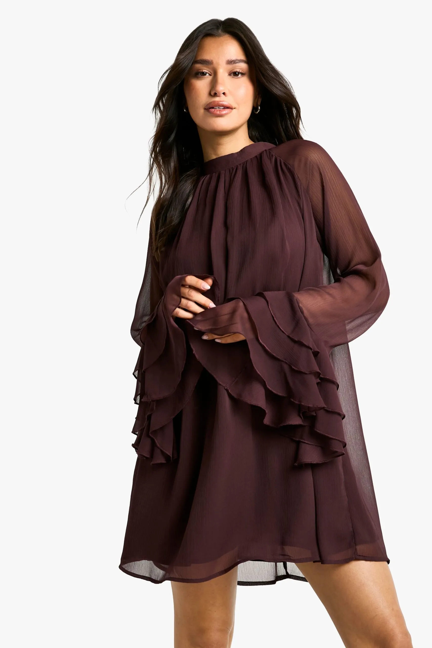 Tall High Neck Volume Sleeve Chiffon Smock Dress