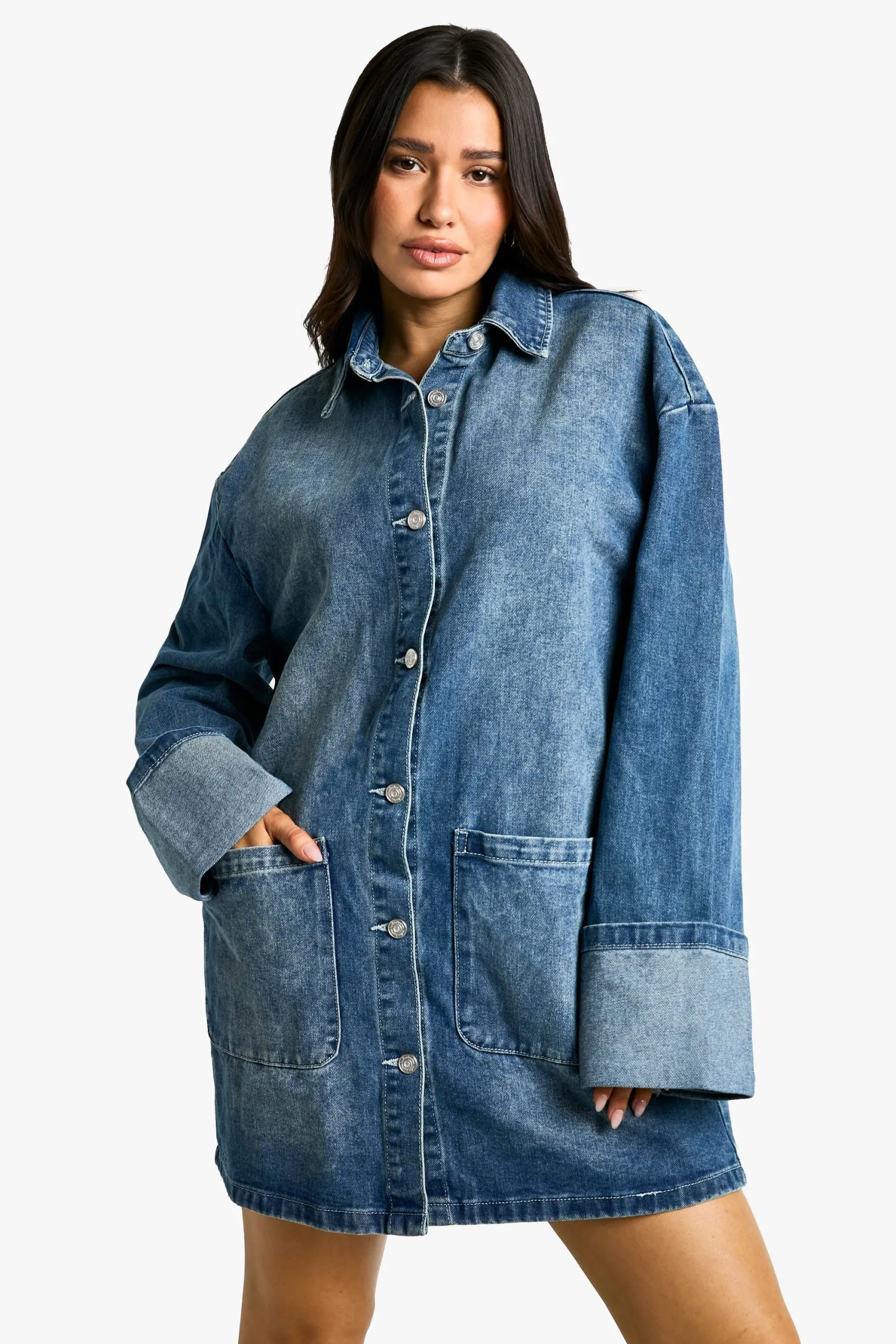 Tall Utility Turn Cuff Denim Oversized Shirt Dress
