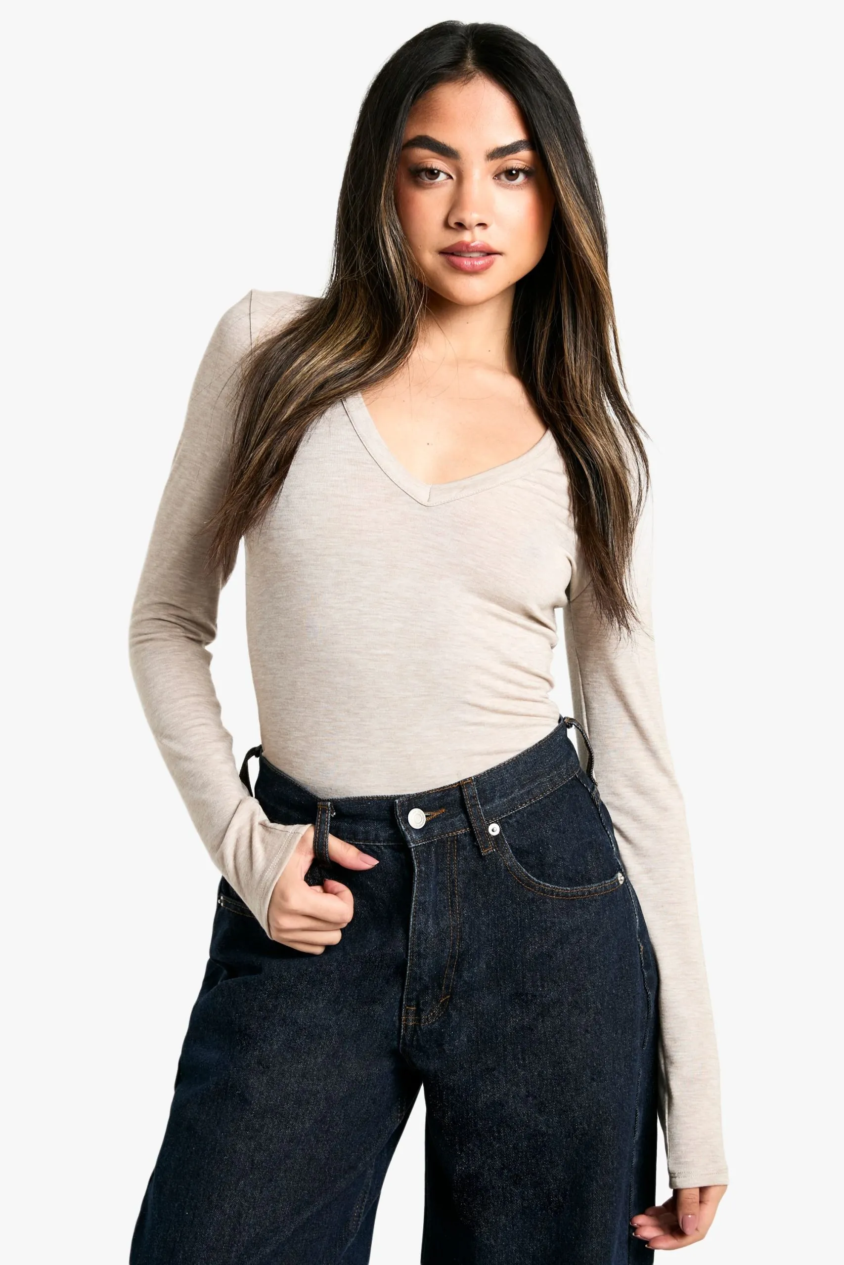 Basic Marl V Neck Long Sleeve Bodysuit