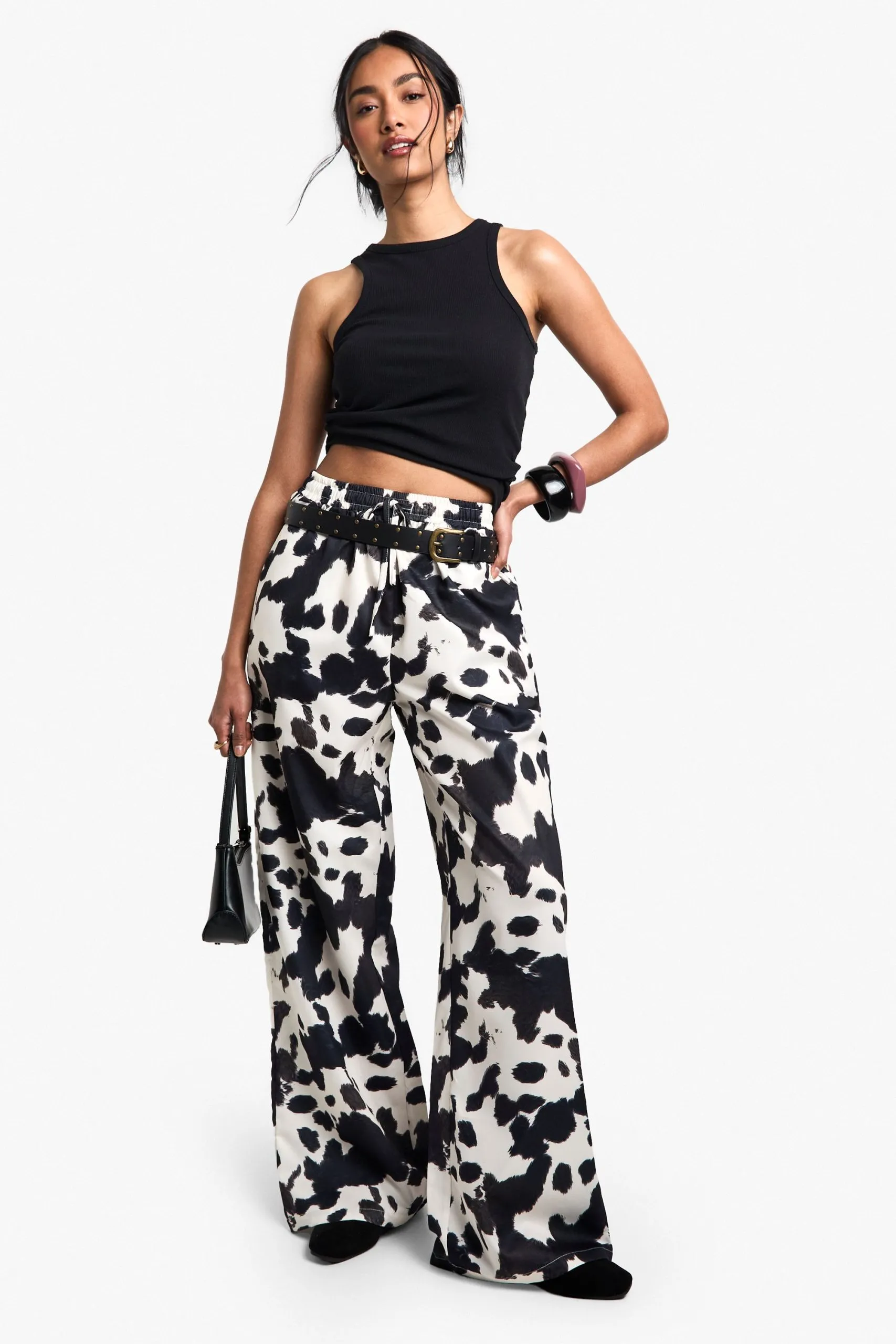 Drawstring Cow Printed Wide Leg Trousers