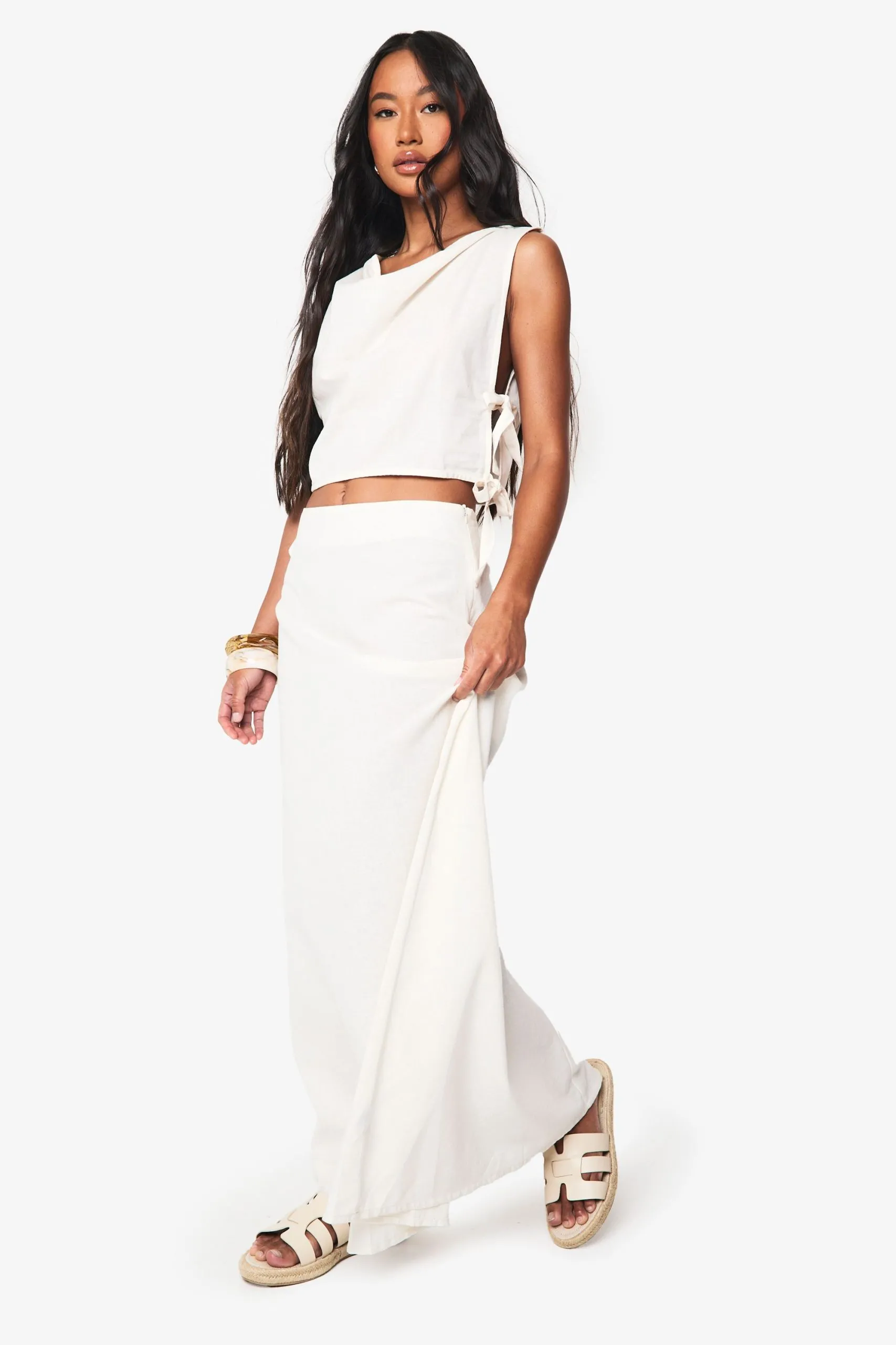 Linen Look Cowl Neck Crop Top And A Line Maxi Skirt Co-Ord