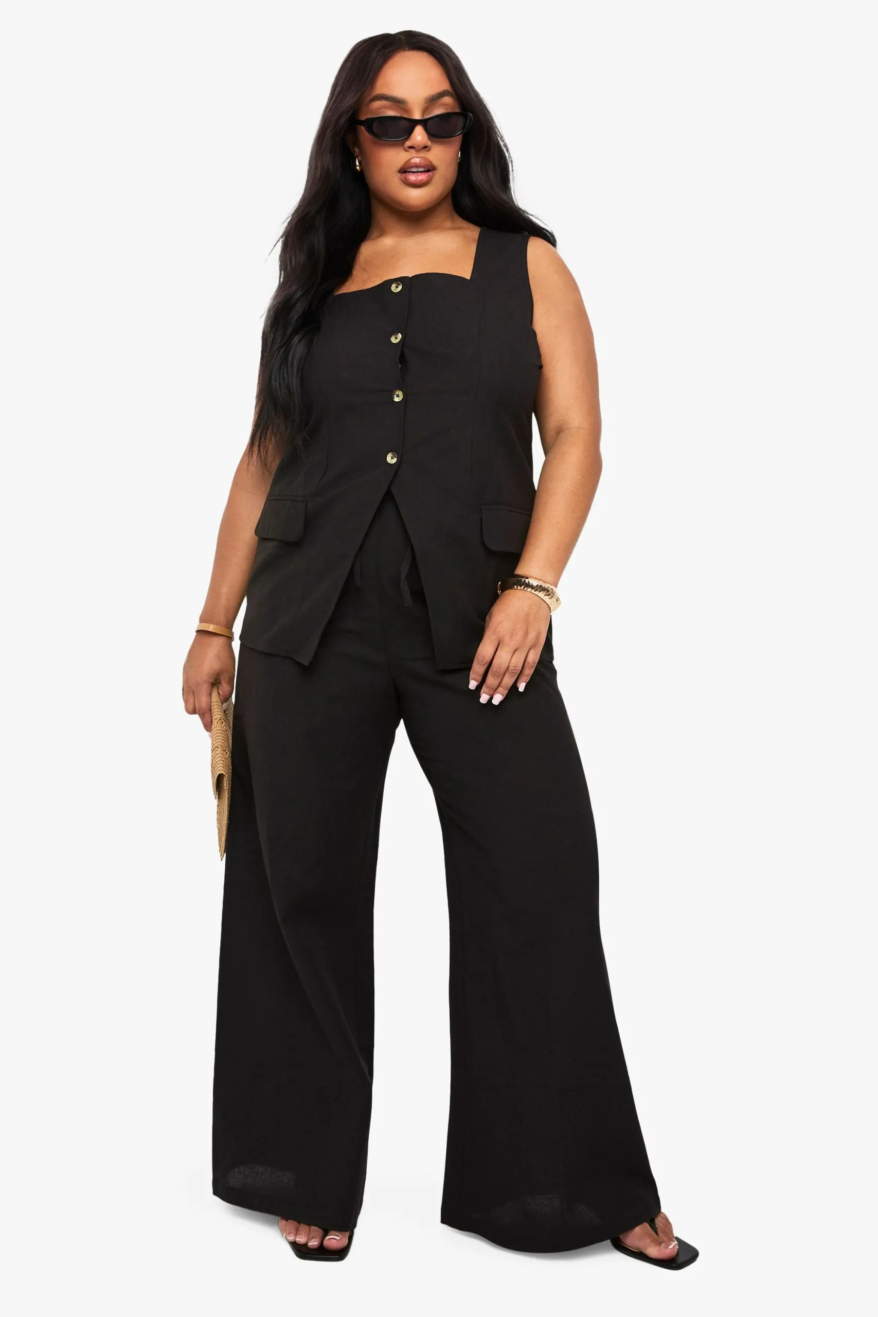 Plus Linen Look Square Neck Waistcoat And Tailored Wide Leg Trouser Co-Ord