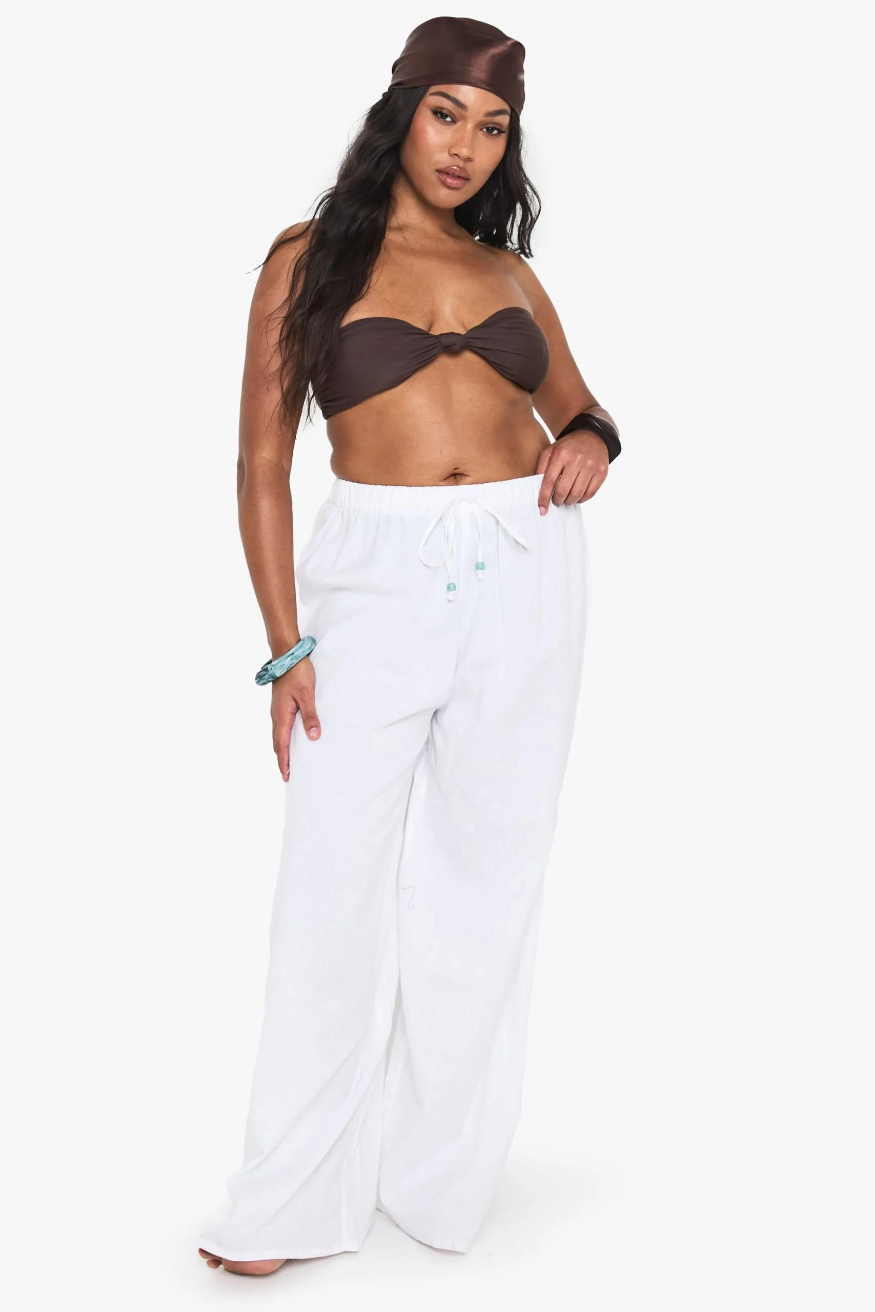 Plus Linen Beaded Low Rise Beach Trousers