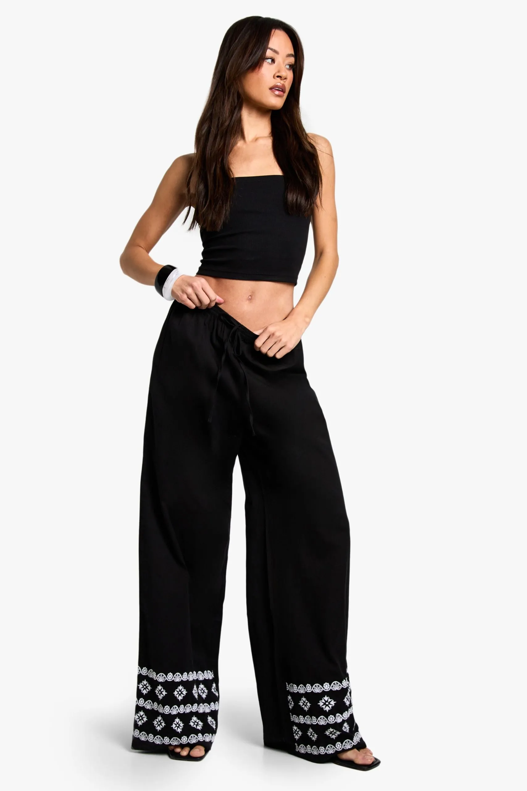 Tall Wide Leg Broderie Hem Trouser