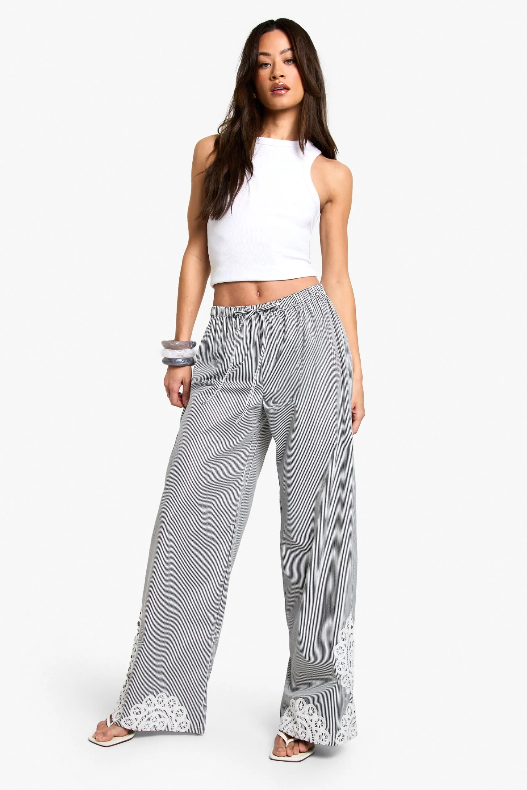 Tall Pinstripe Floral Embroidery Hem Trouser