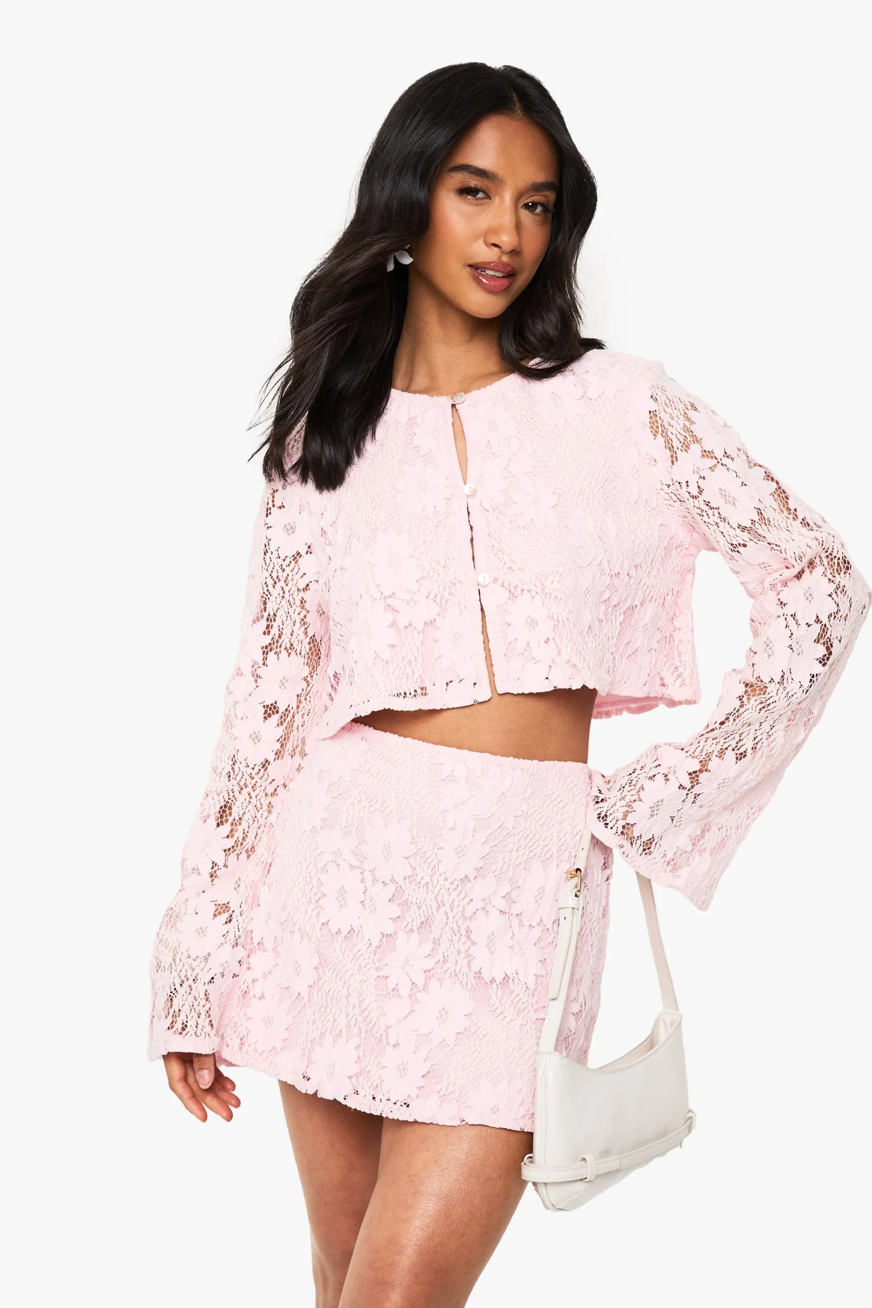 Petite Crochet Long Sleeve And Mini Skirt Co ord