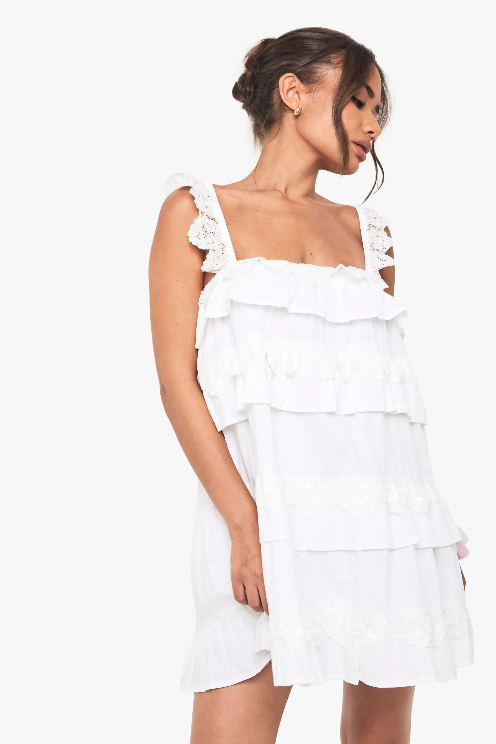 Cotton Layered Ruffle Smock Mini Dress