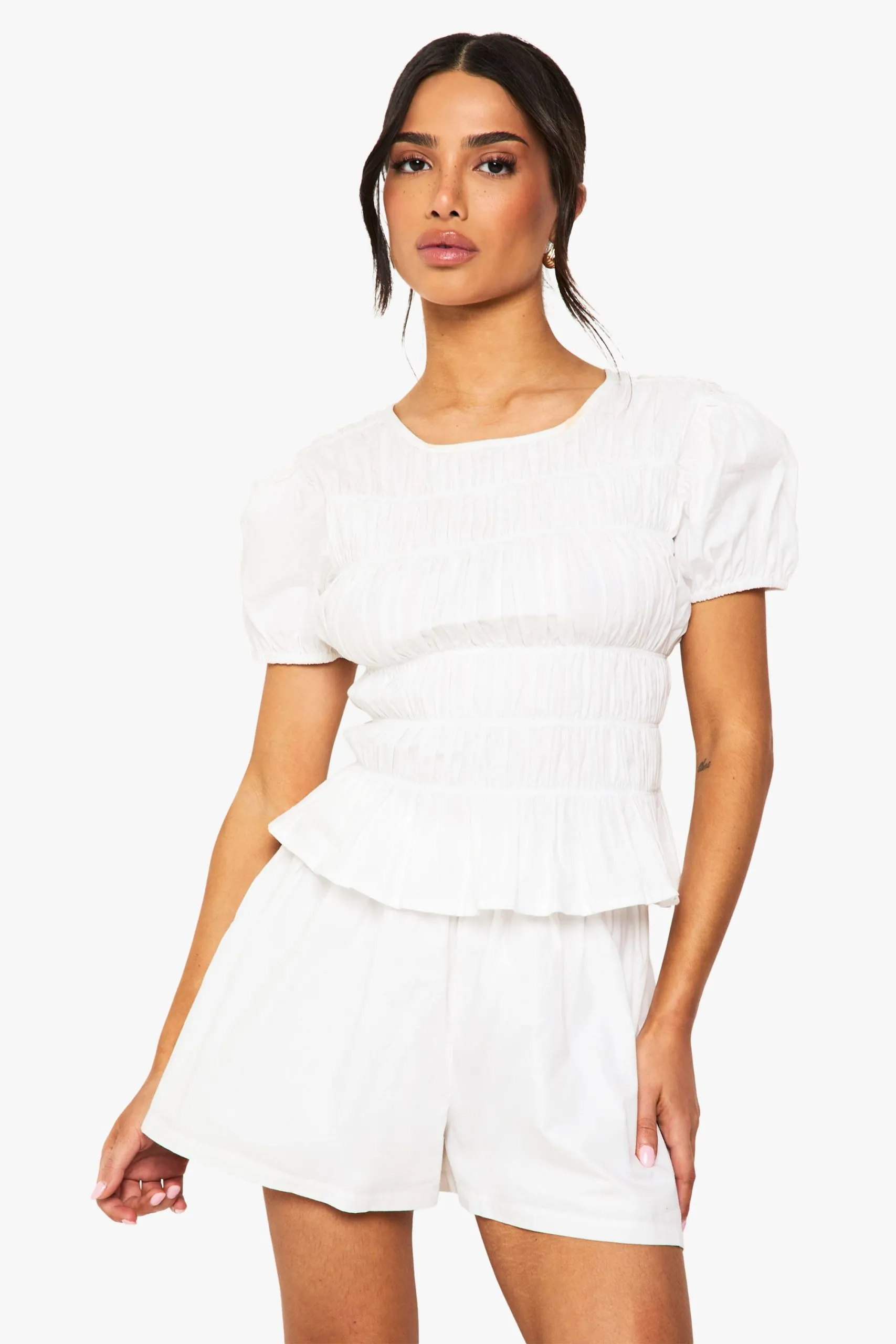 Petite Shirred Poplin T-shirt And Short Co ord