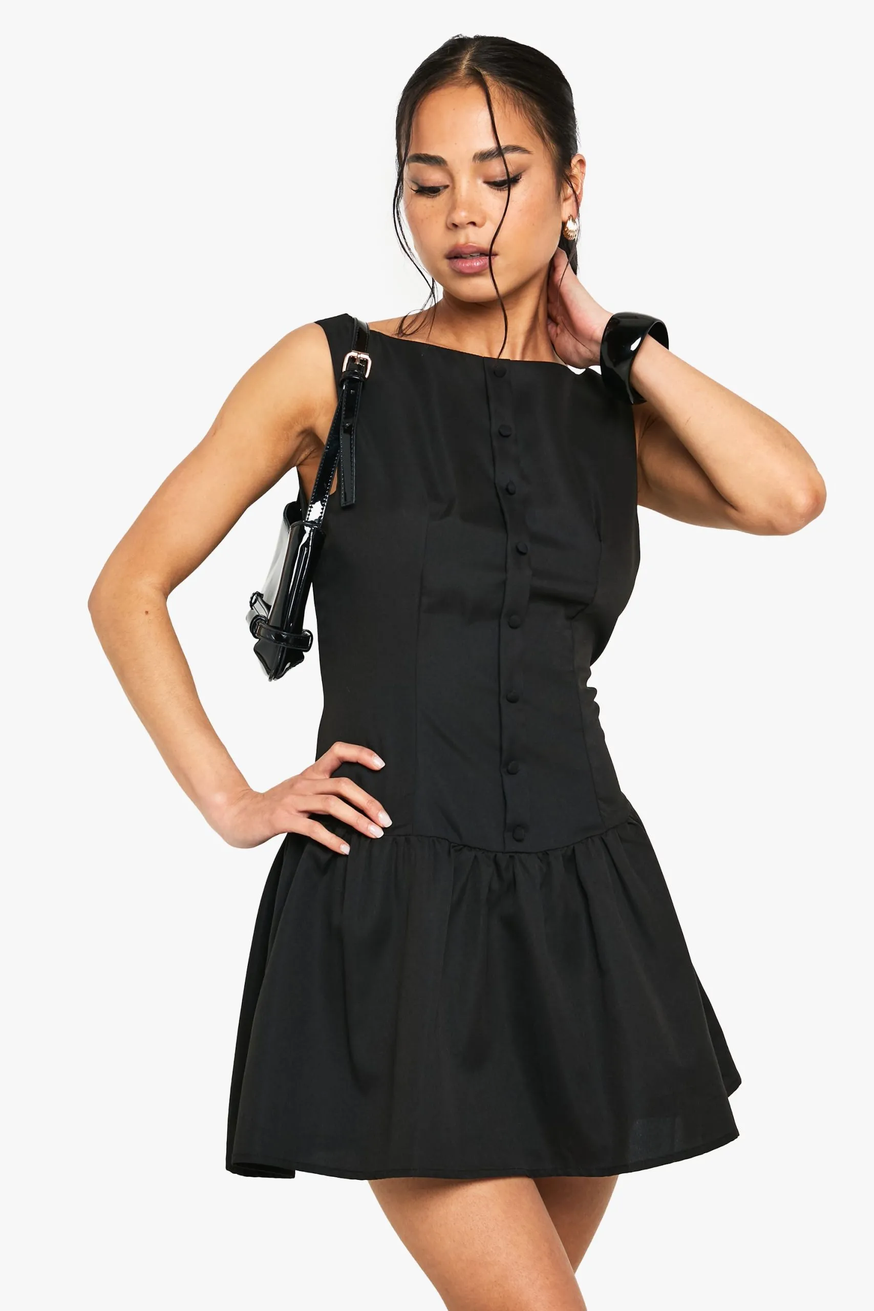 Slash Neck Button Detail Mini Dress