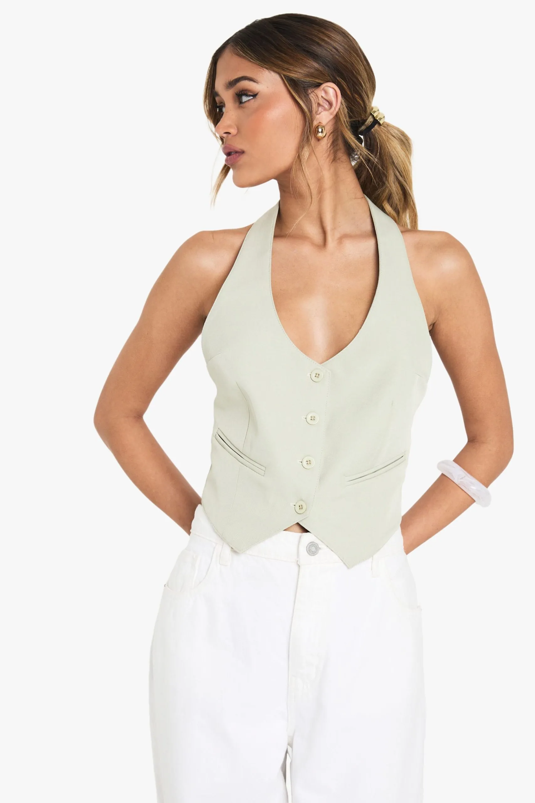 Woven Tailored Halterneck Open Back Waistcoat