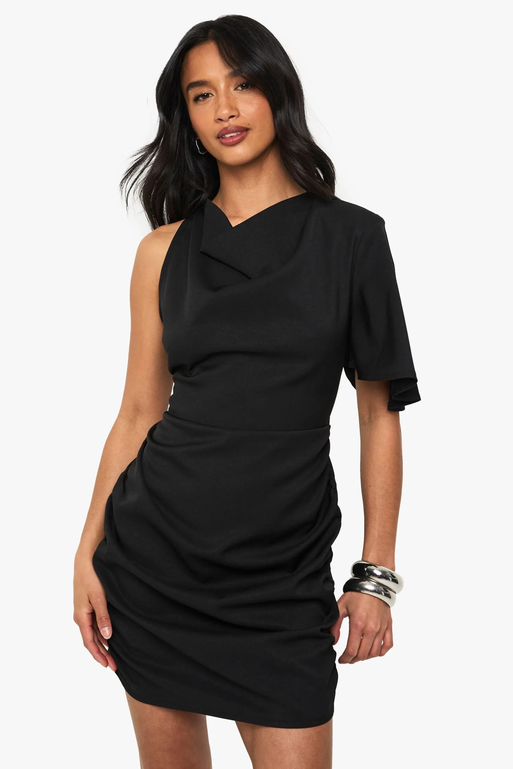 Petite Drape Detail Asymmetric Mini Dress