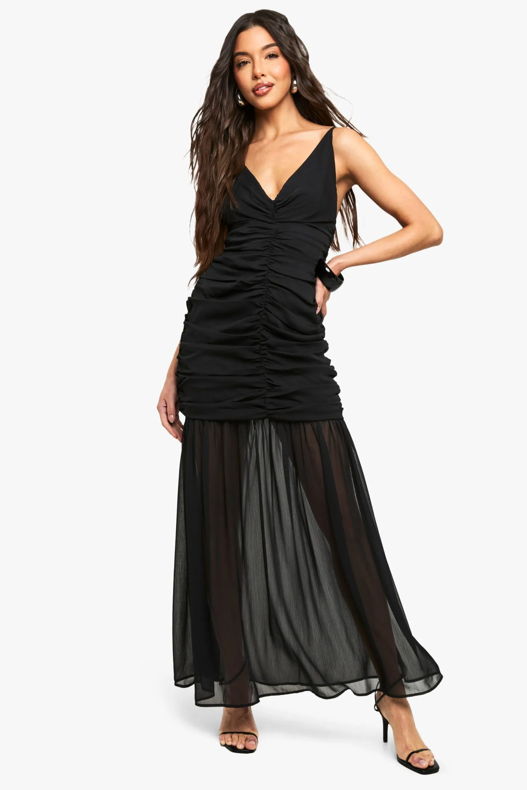 Chiffon Ruched Plunge Maxi Dress
