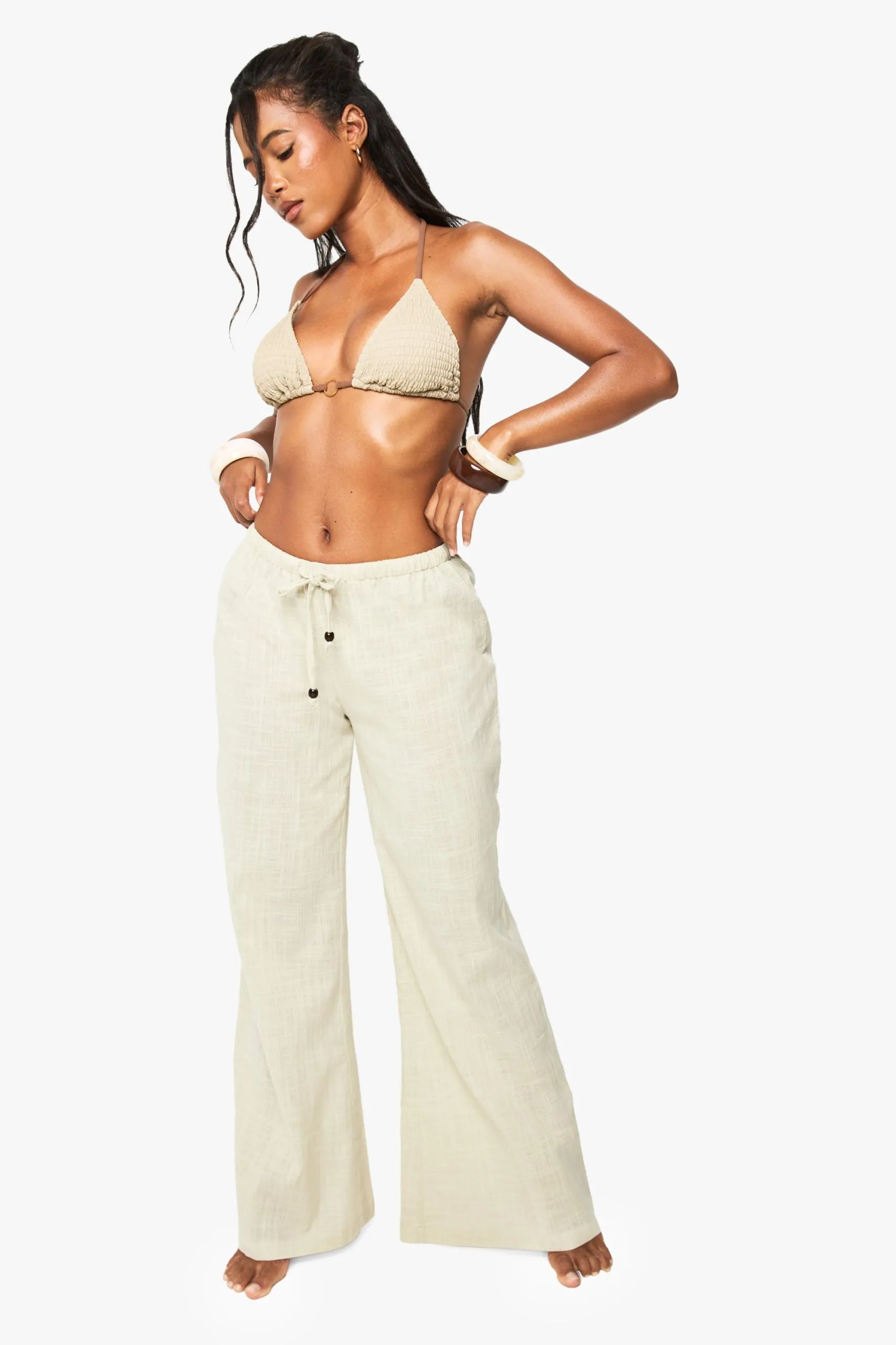 Linen Low Rise Beaded Beach Trousers