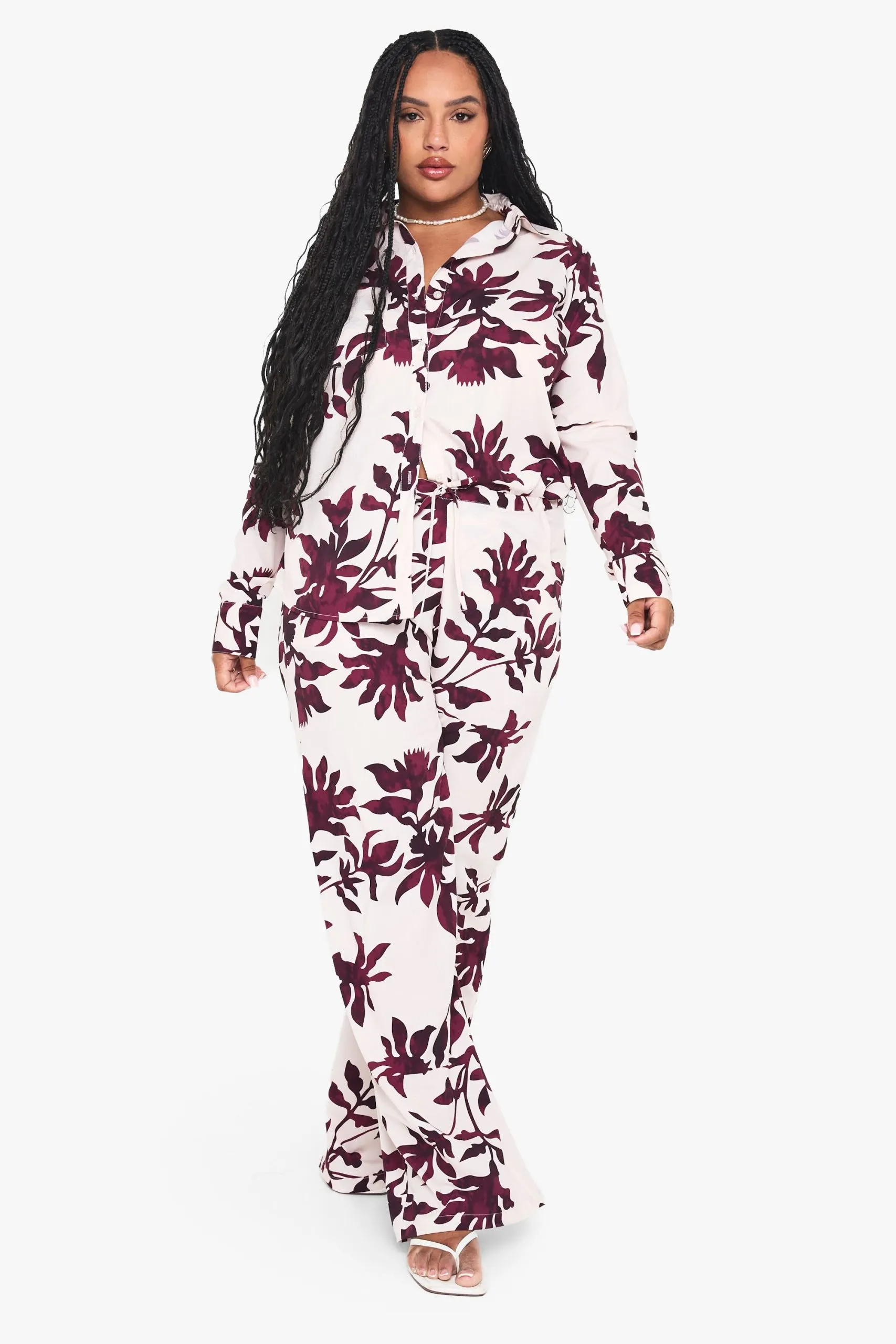 Plus Basic Woven Large Floral Drawstring Wide Leg Trouser