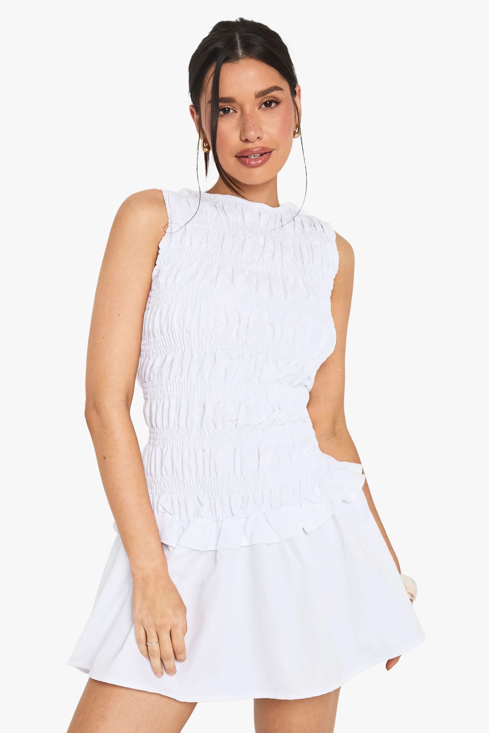 Tall Shirred Sleeveless Drop Waist Skater Mini Dress