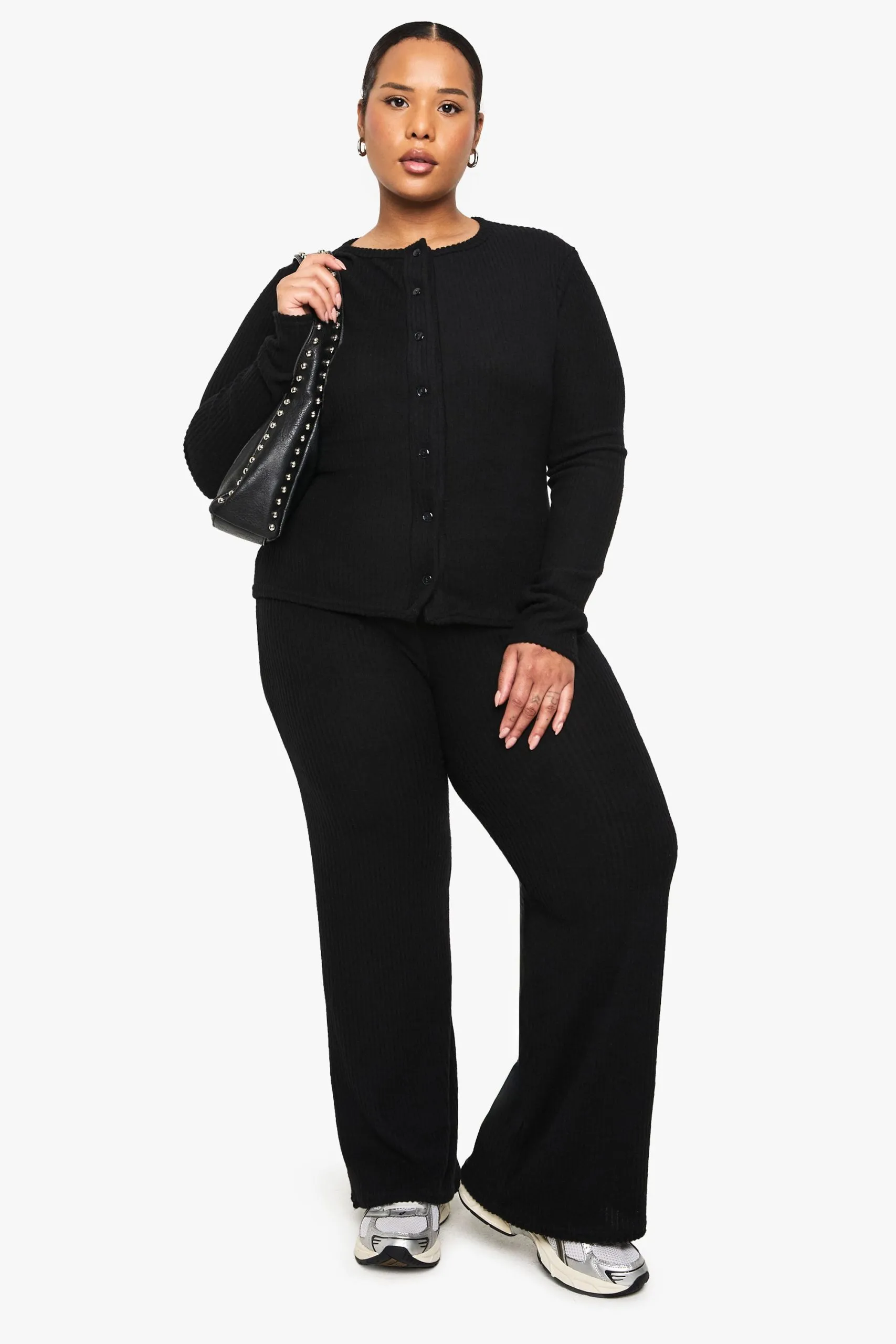 Plus Soft Rib Cardigan And Elasticated Trouser Set