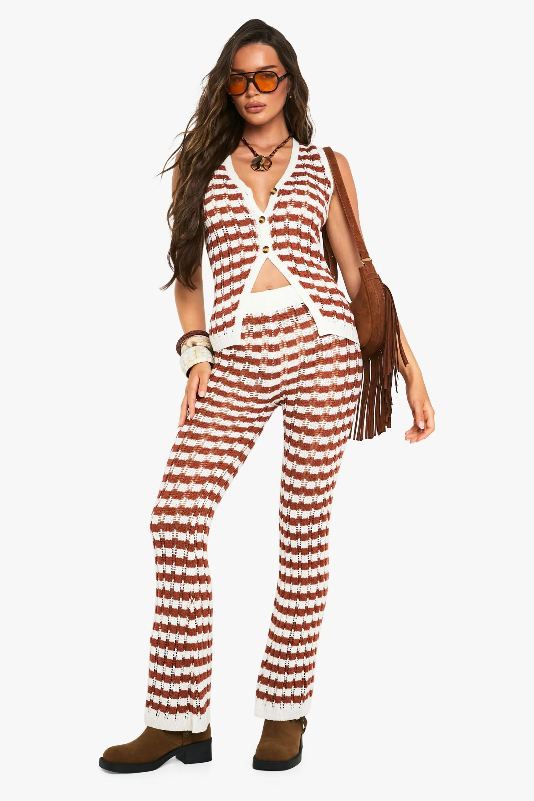 Stripe Crochet Knitted Wide Leg Trouser