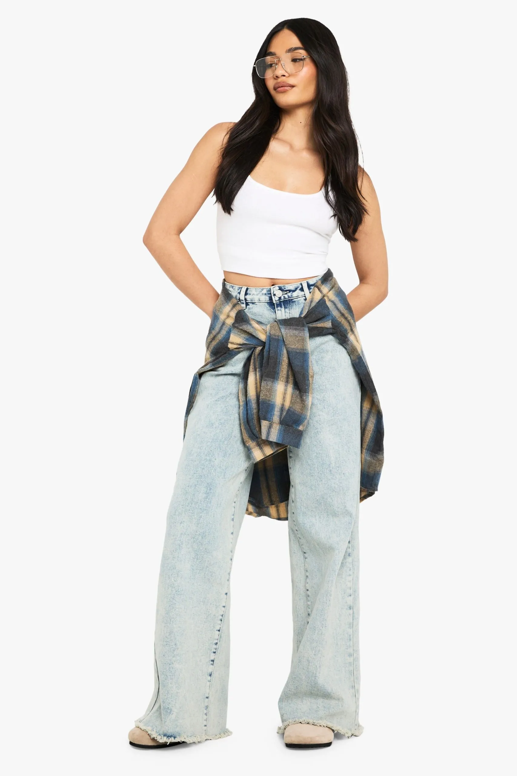Washed Blue Frayed Hem Wide Leg Jean