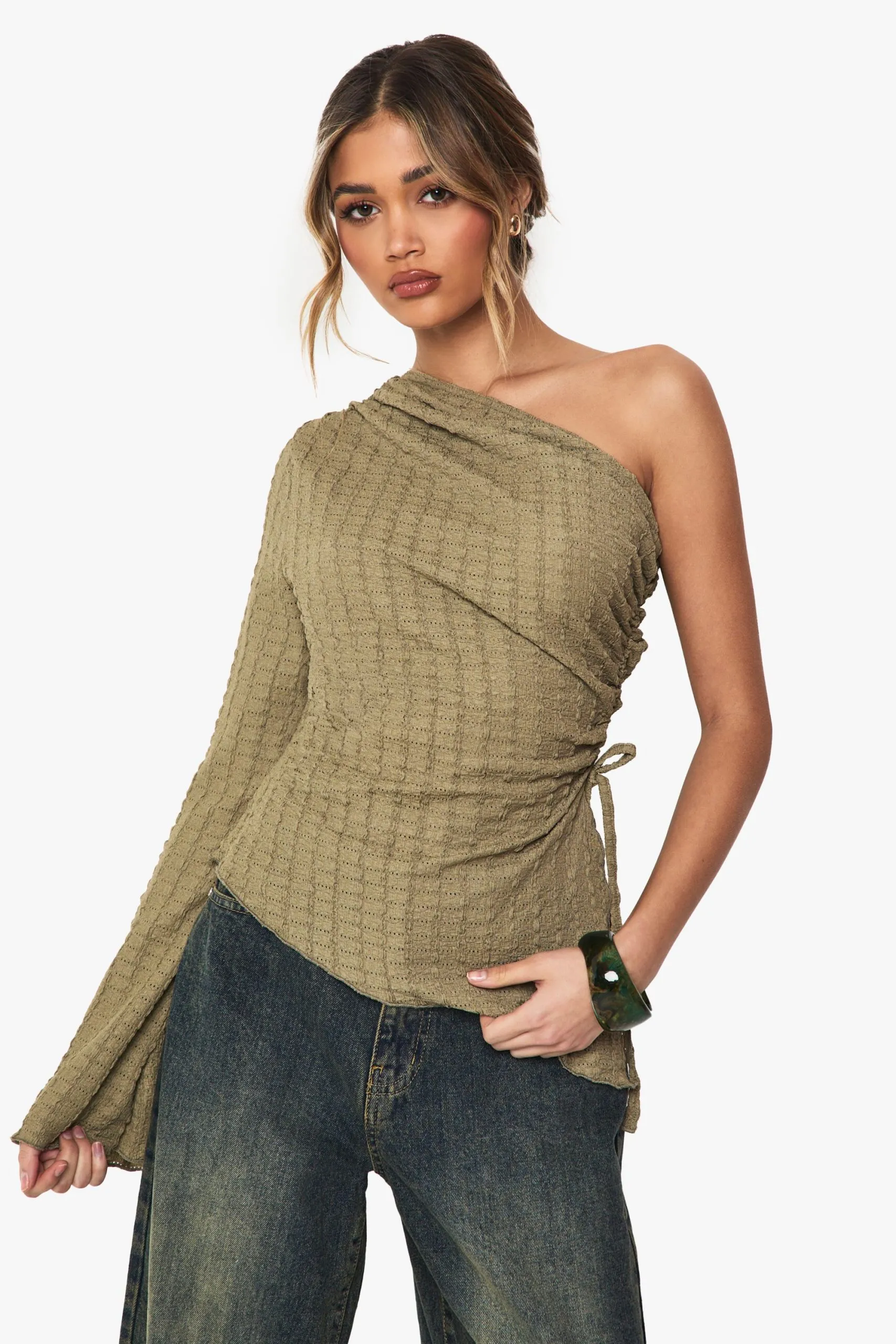 Textured One Shoulder Ruched Top
