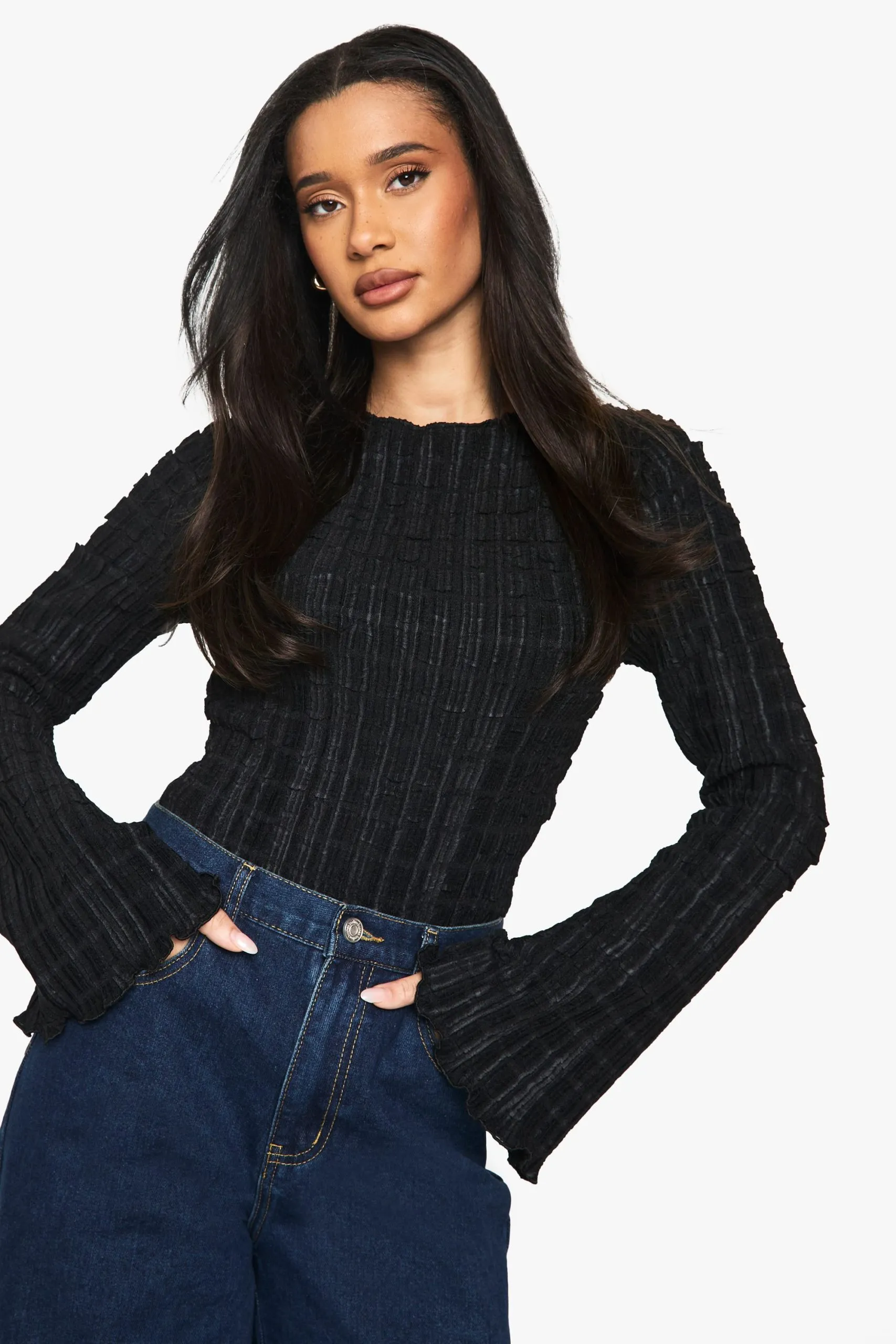 Textured Long Sleeve Flared Sleeve Bodysuit