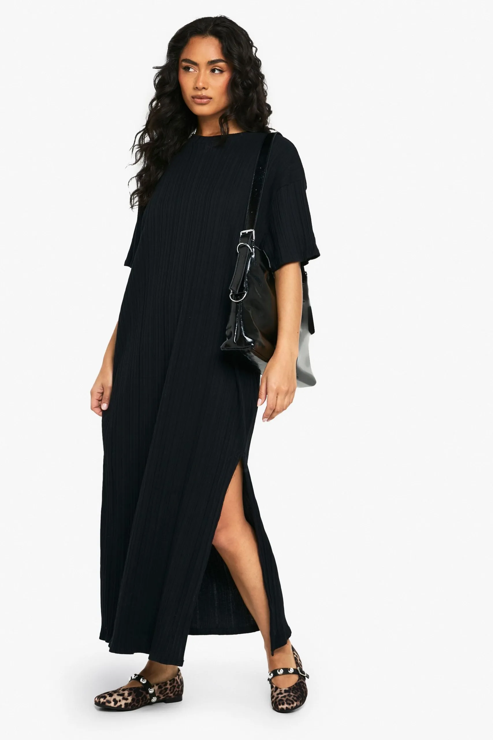 Textured Rib Drop Shoulder Midaxi T-Shirt Dress
