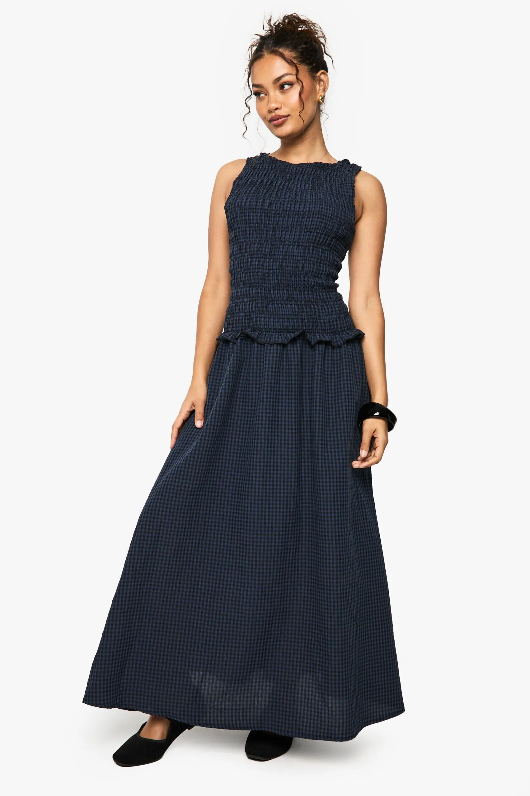 Gingham Shirred Detail Drop Waist Midaxi Dress