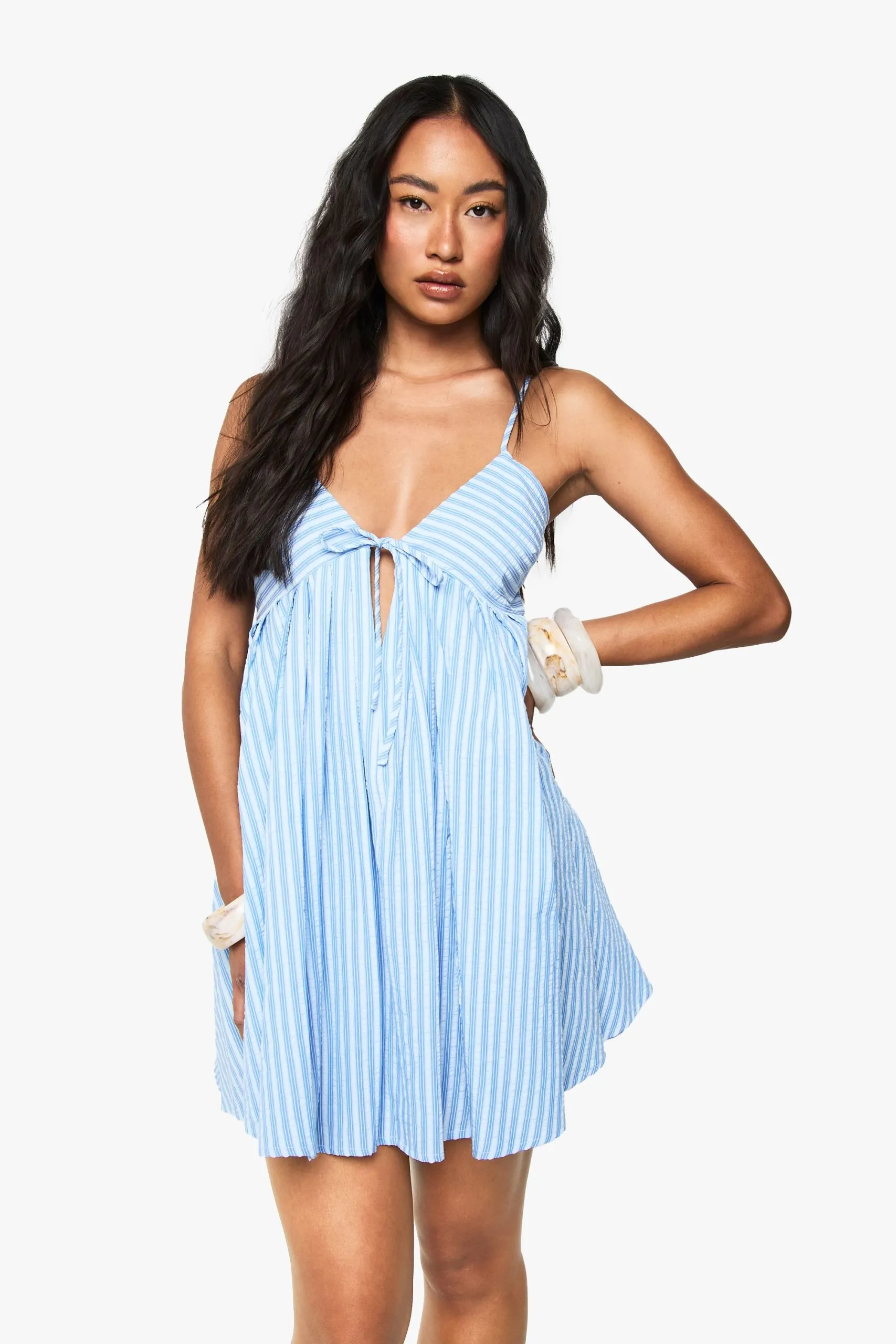 Pinstripe Tie Front Mini Swing Dress