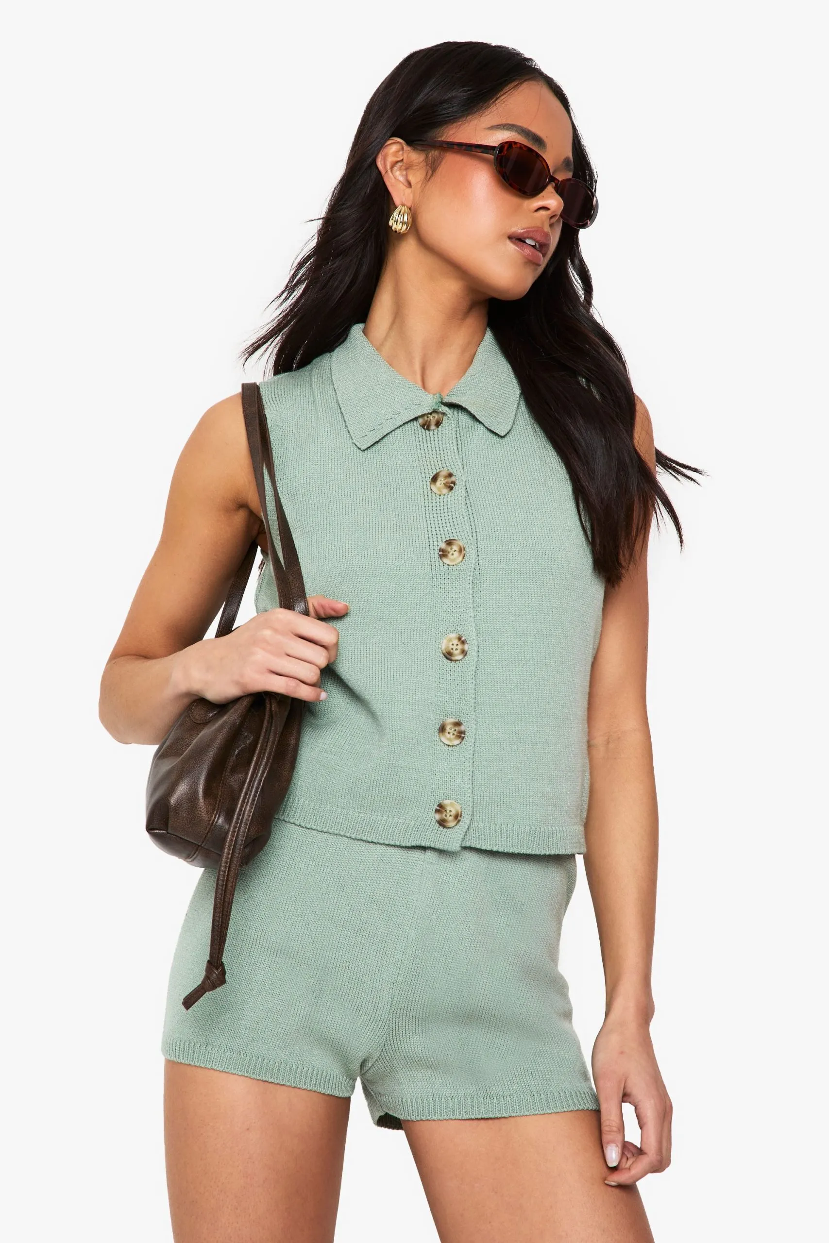 Collared Knitted Waistcoat and Knitted Short Set