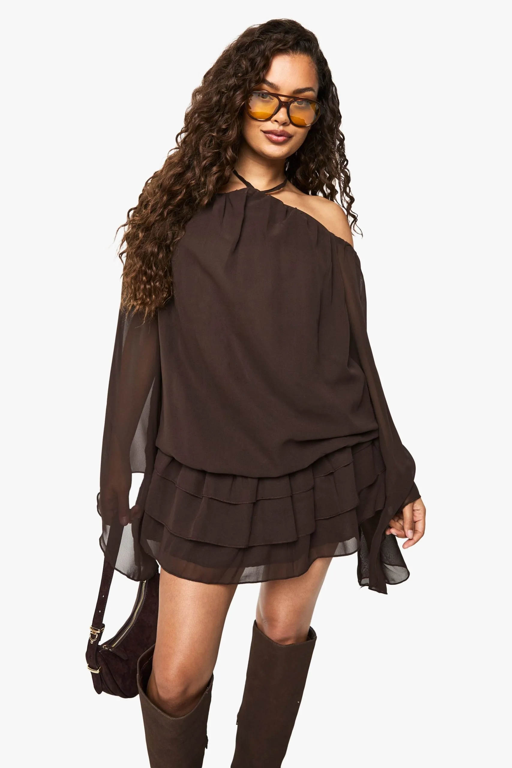 Halter neck Chiffon Kimono Sleeve Mini Dress