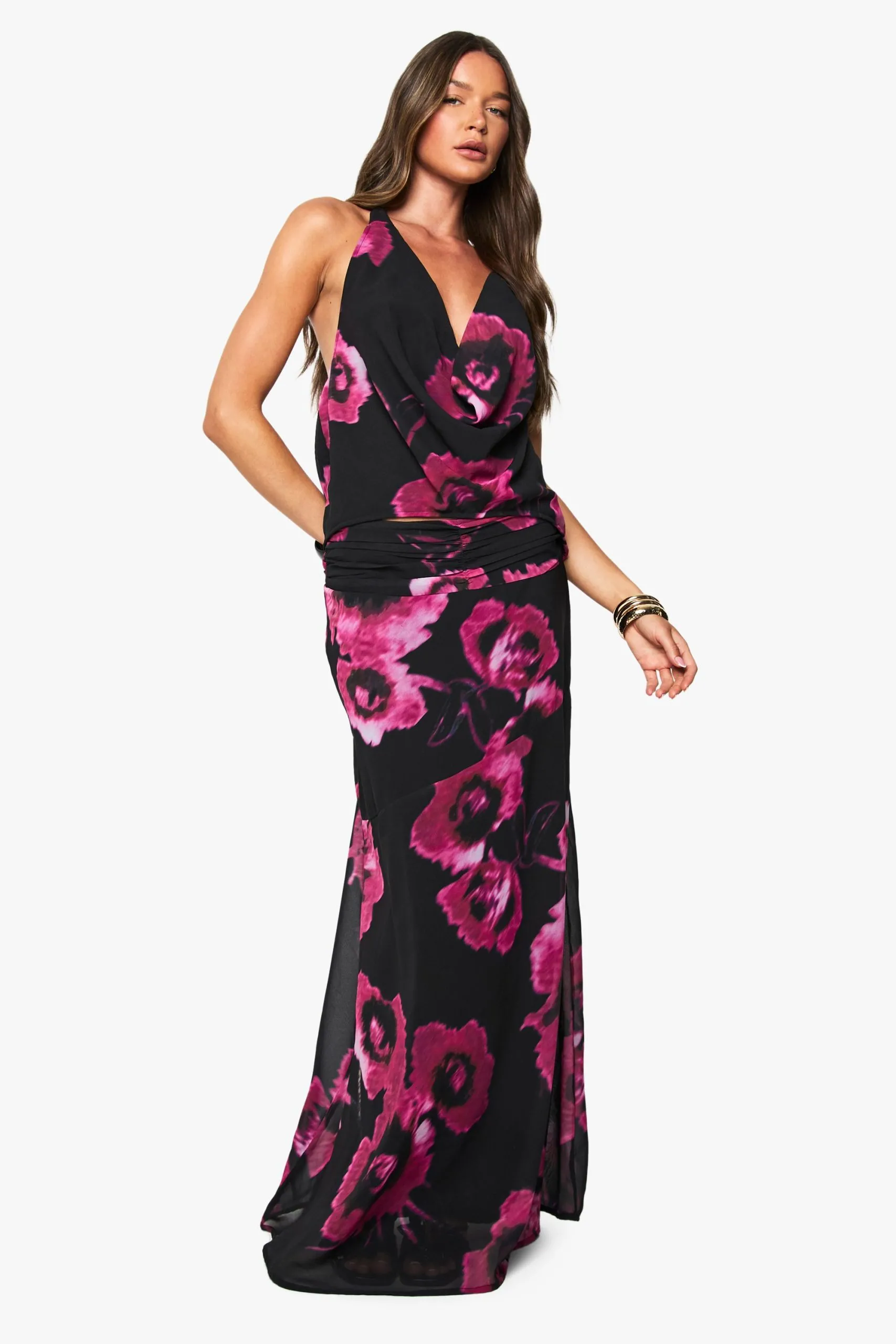 Floral Chiffon Puddle Hem Maxi Skirt