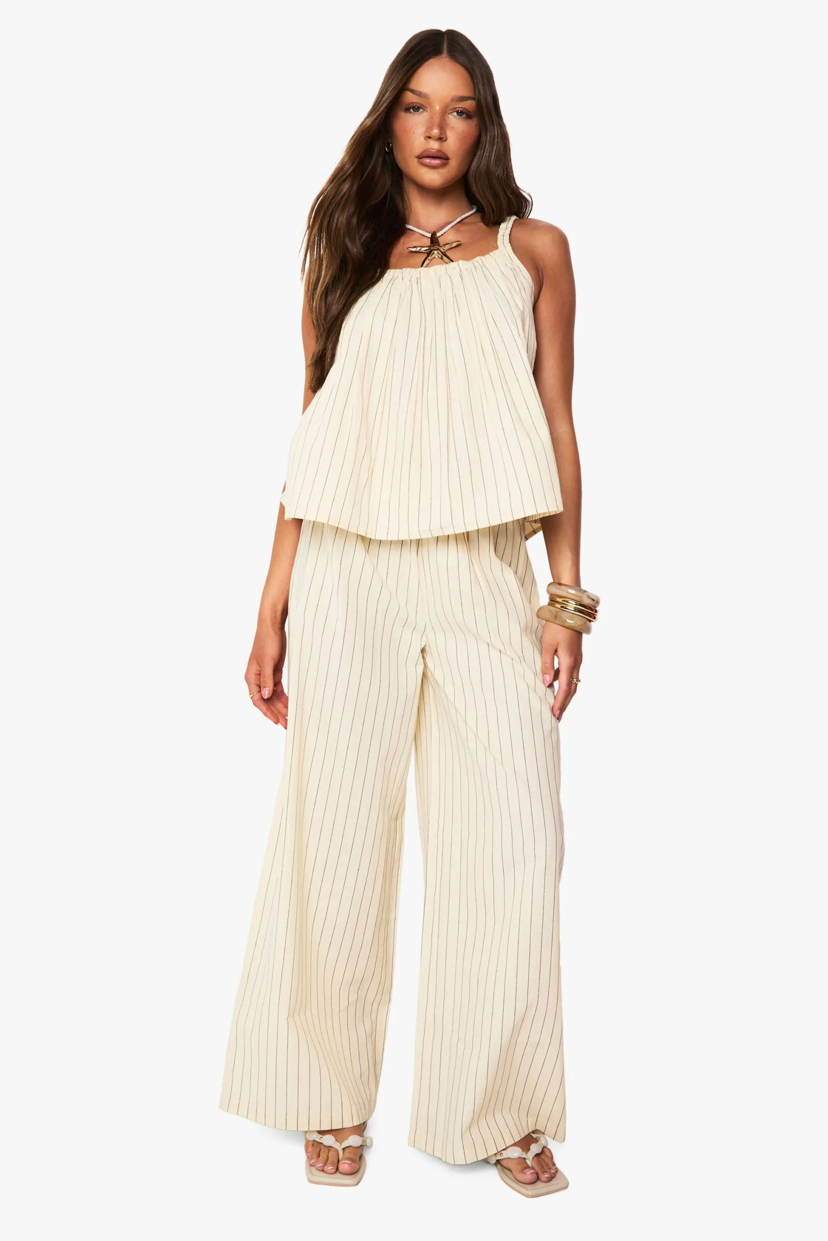 Stripe Linen Look Wide Leg Trousers