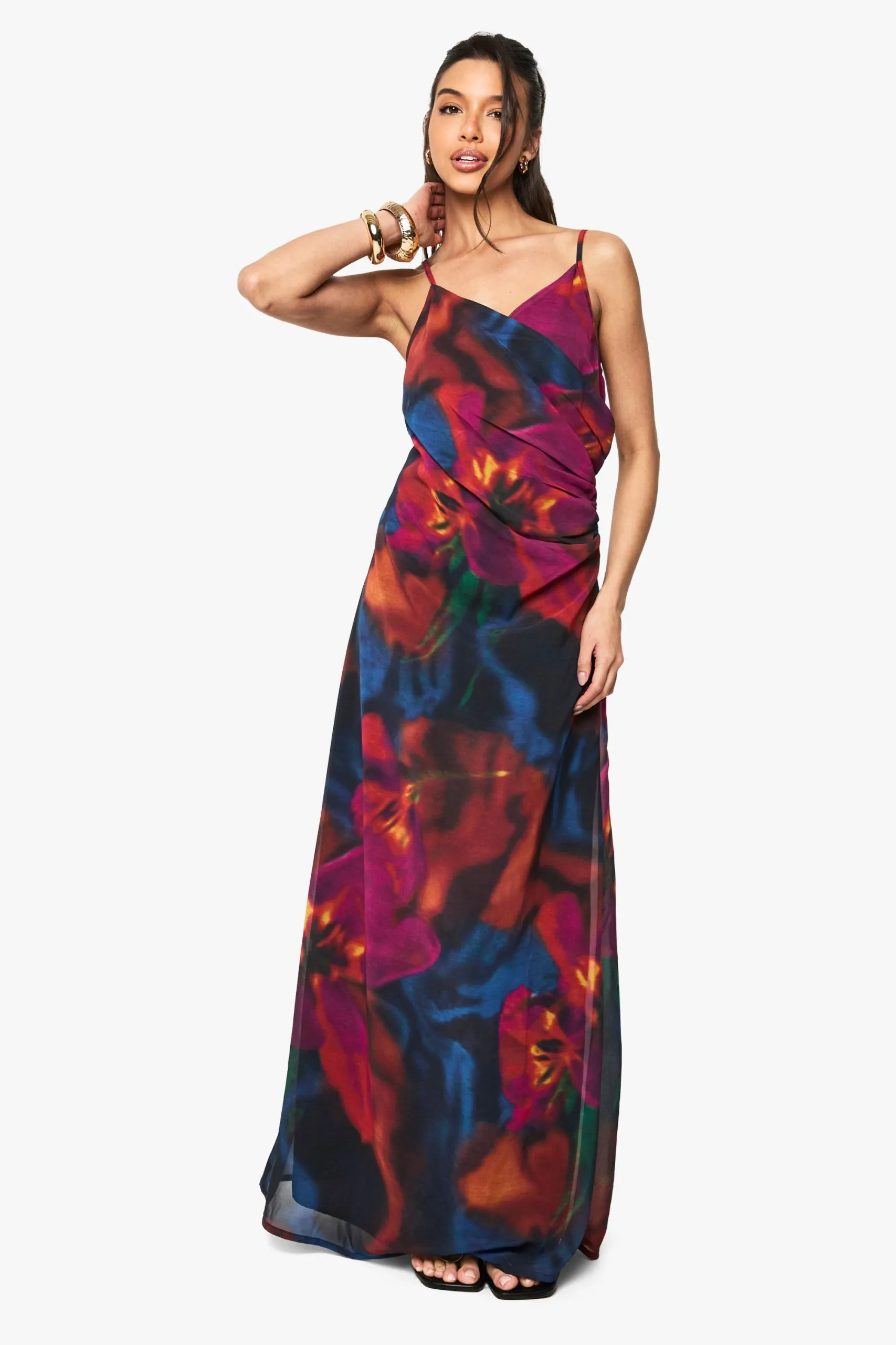Floral Chiffon Ruched Side Maxi Dress