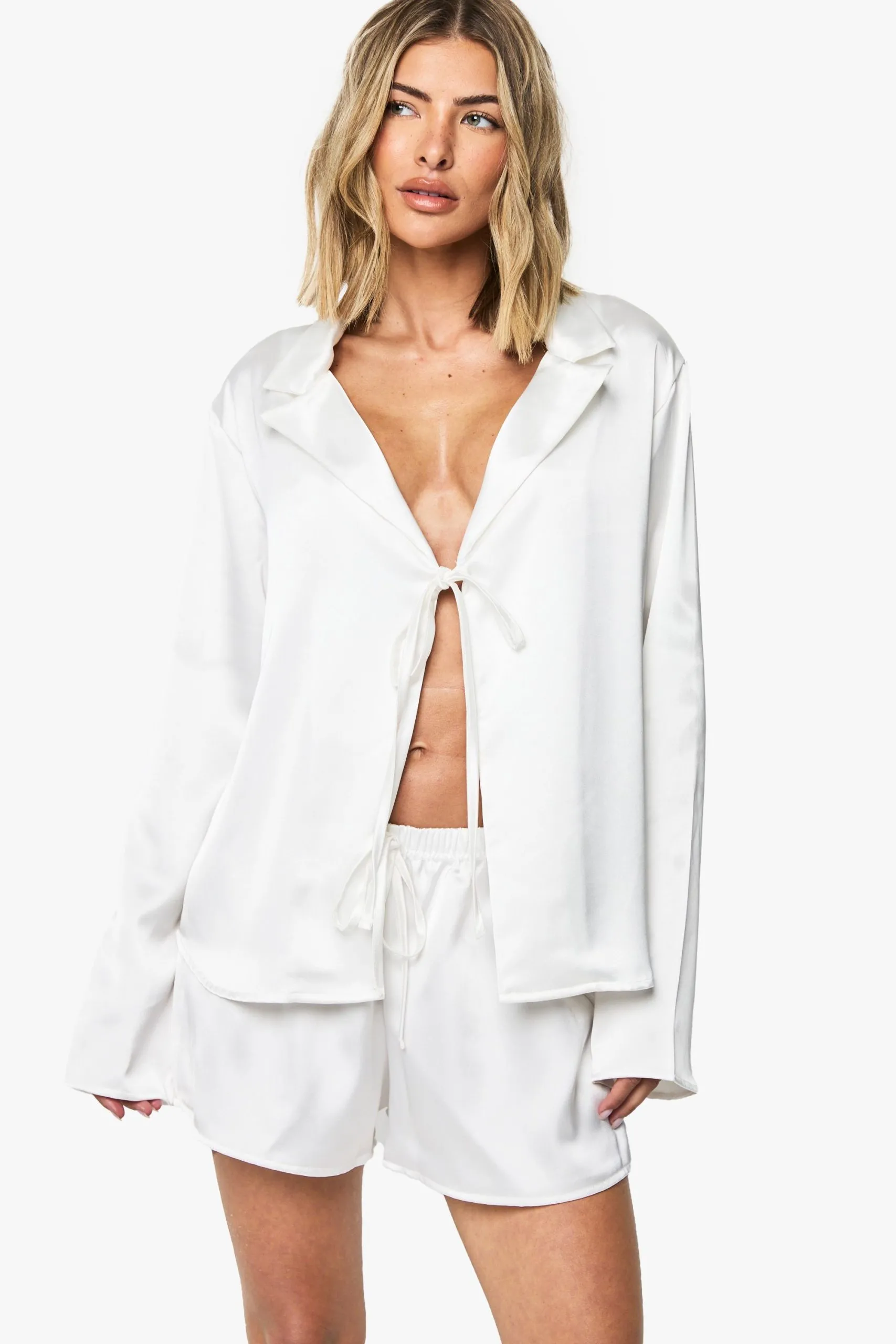 Bridal Satin Tie Front Long Sleeve Pyjama Shirt