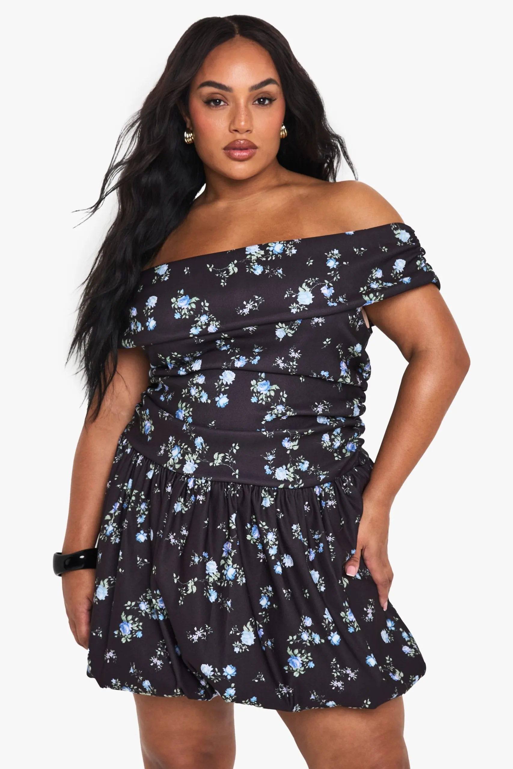 Plus Disty Bengaline Bardot Puffball Mini Dress
