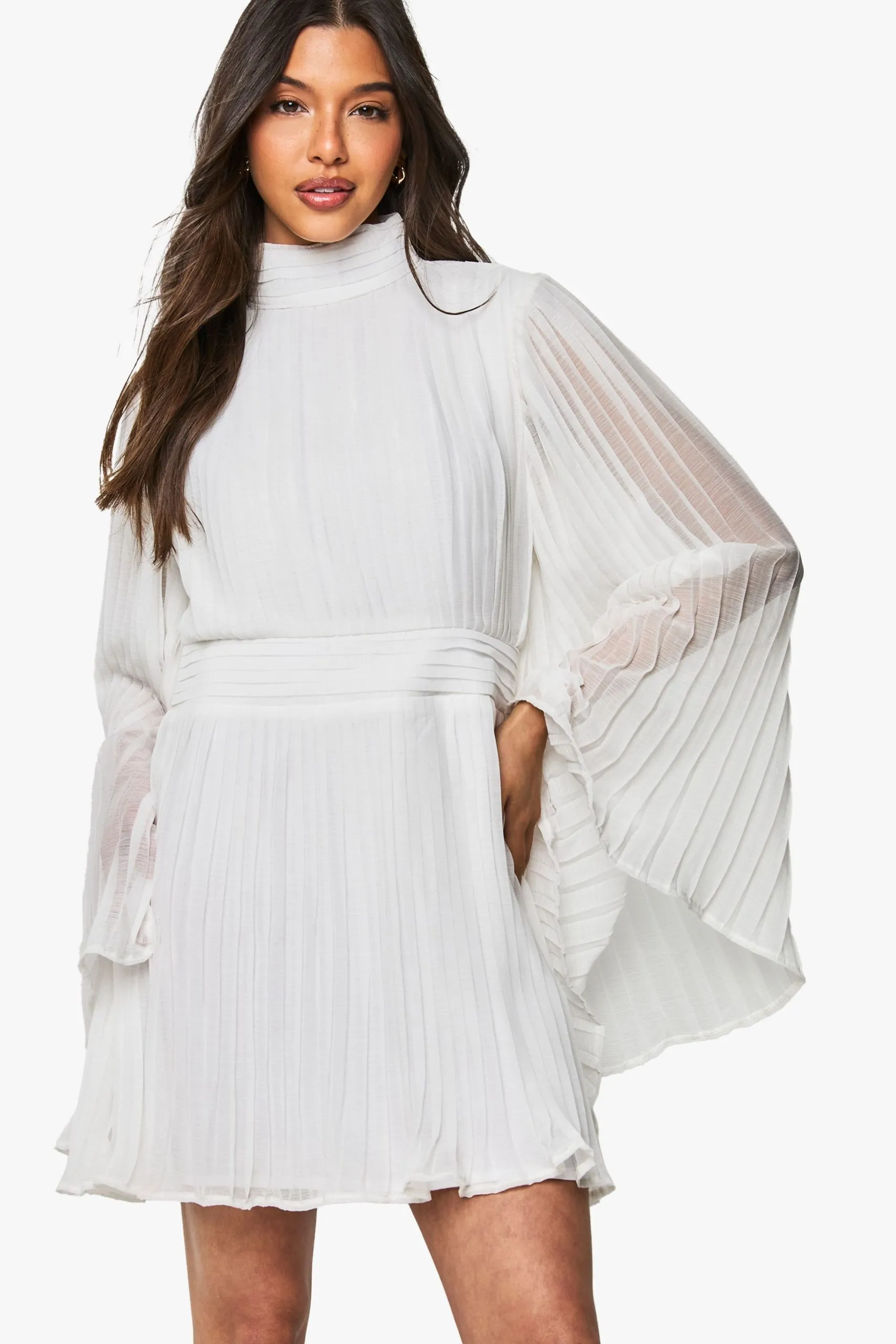Pleated Chiffon High Neck Flare Sleeve Mini Dress