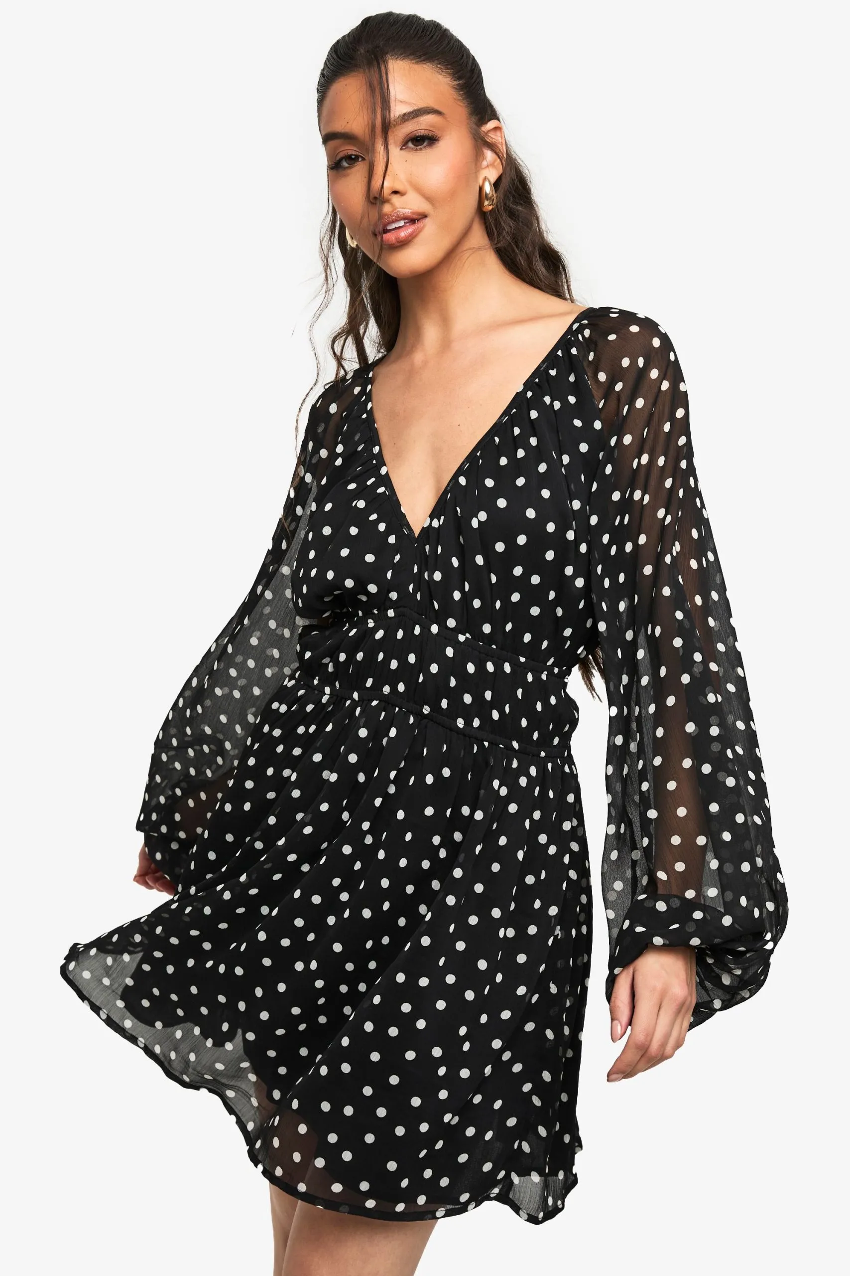Paisley Polka Dot Chiffon Volume Sleeve Ruched Waist Mini Dress
