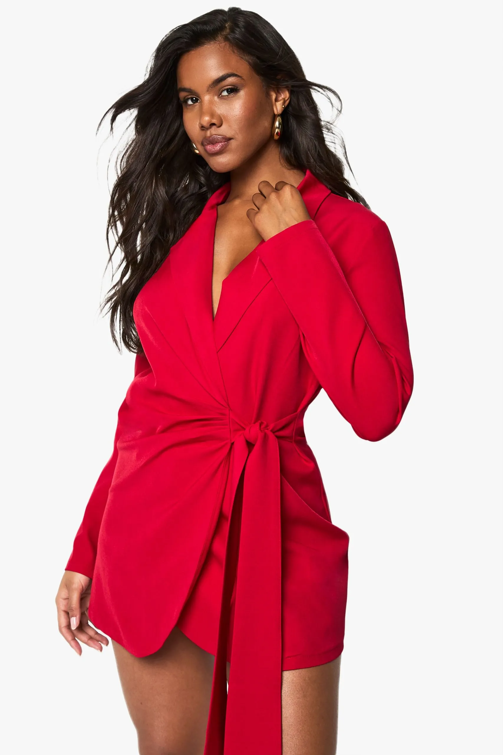 Linen Look Wrap Drape Front Tailored Blazer Dress