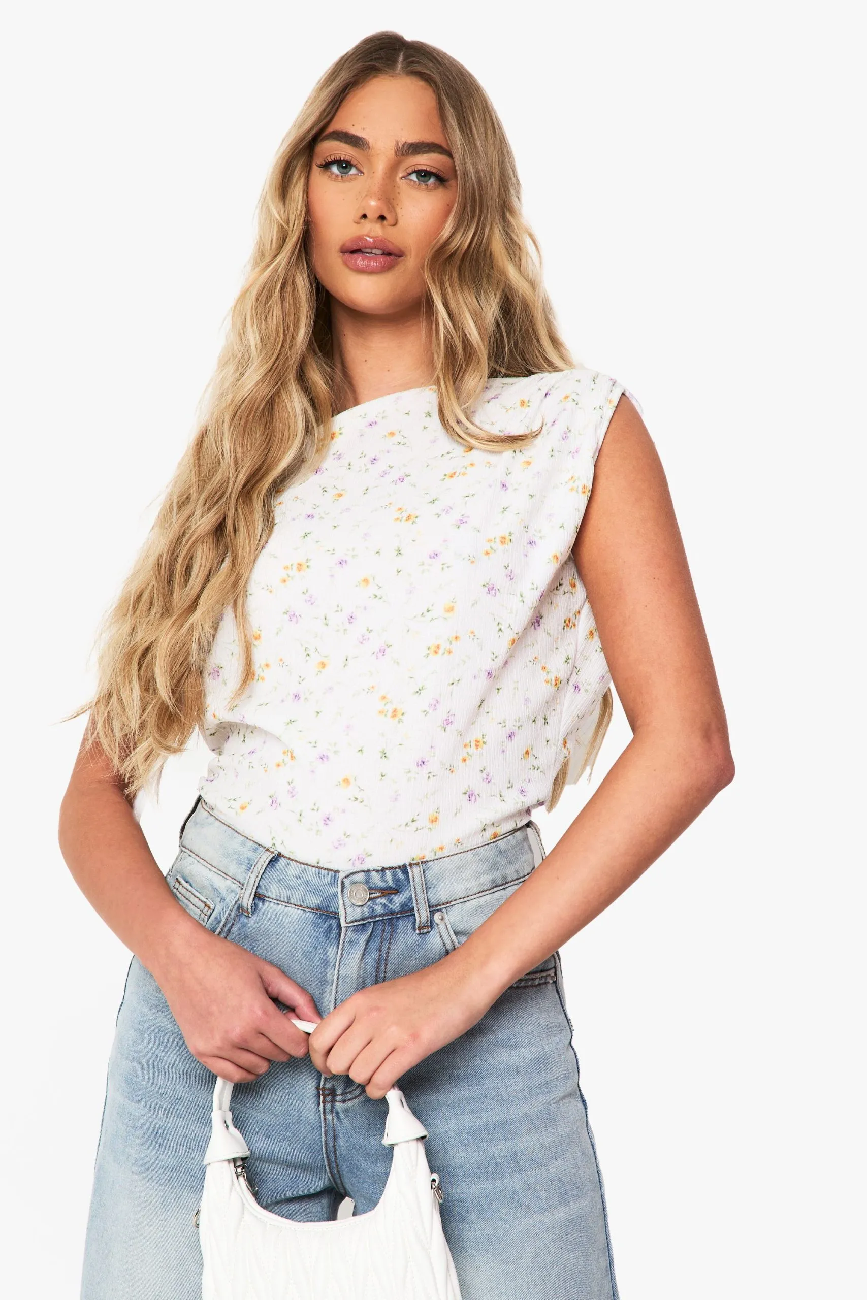 Textured Ditsy Cowl Neck Top