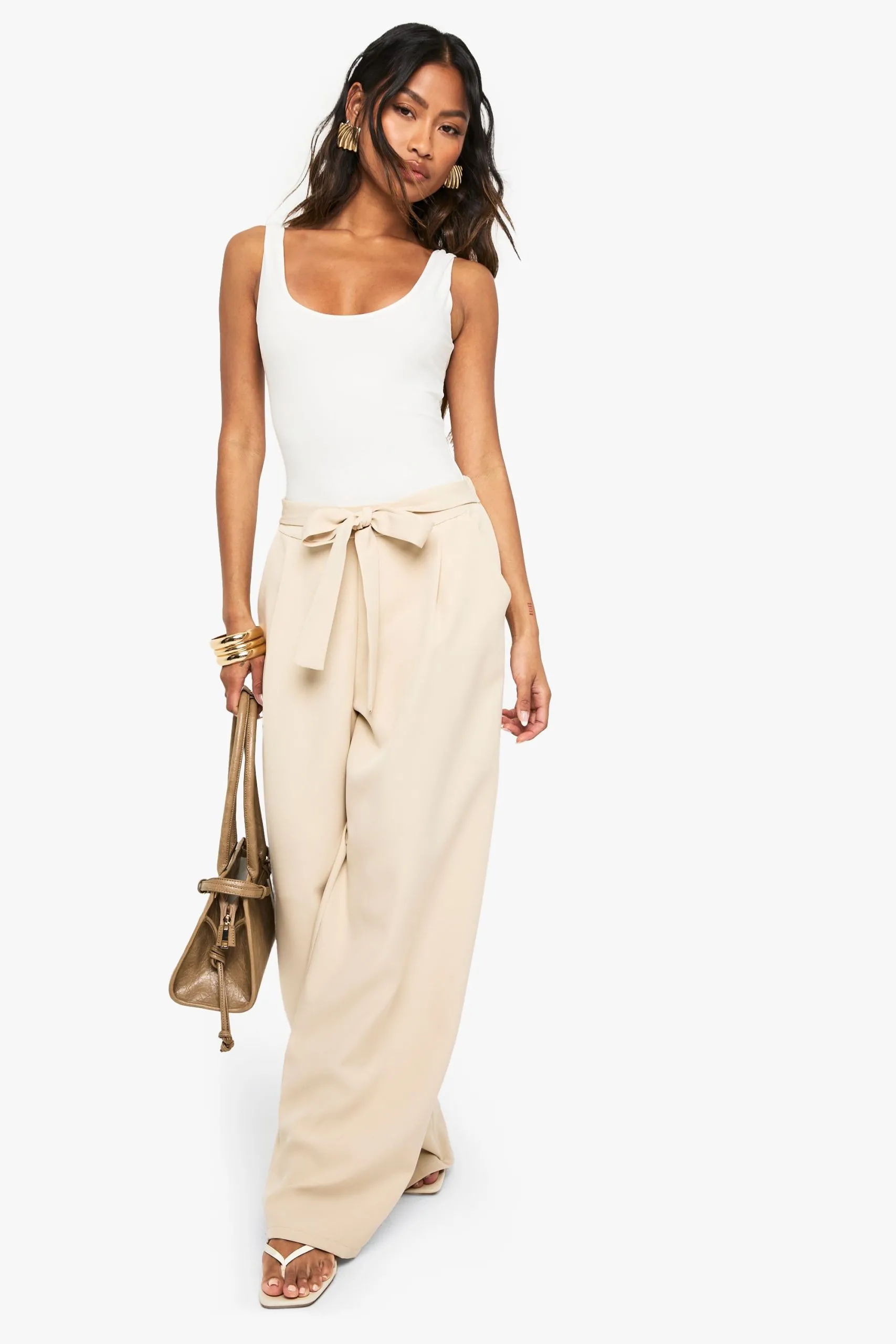 Woven Pleated Belted Wide Leg Trouser