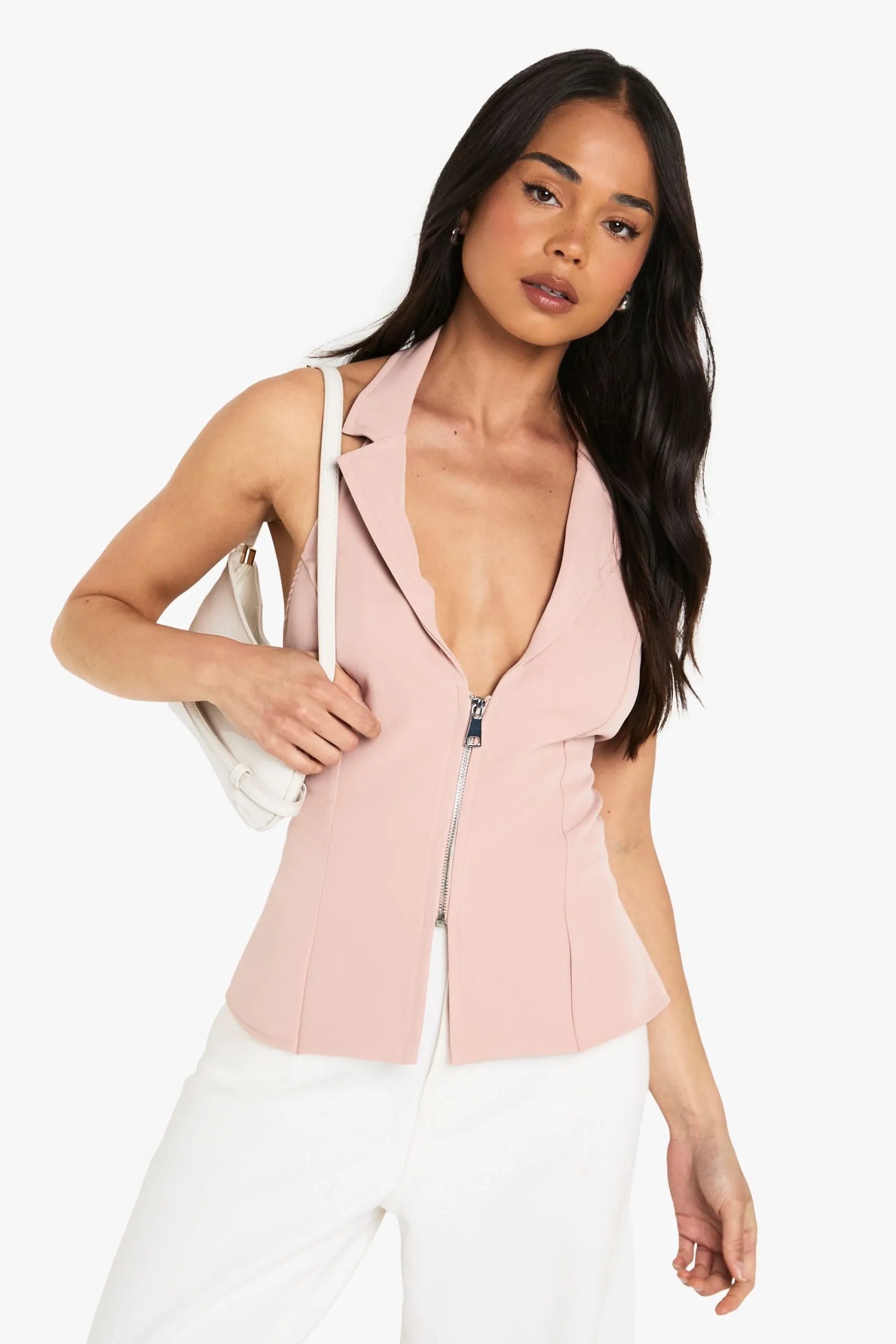 Woven Halterneck Zip Through Waistcoat