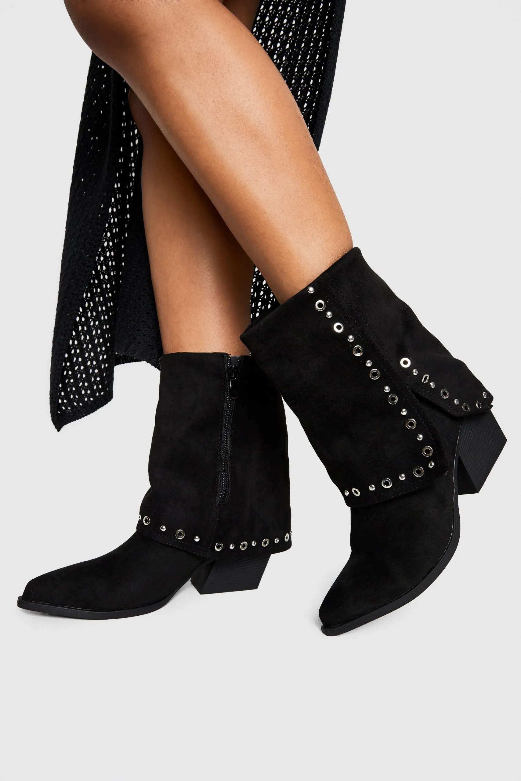 Fold Over Calf High Studded Western Boots