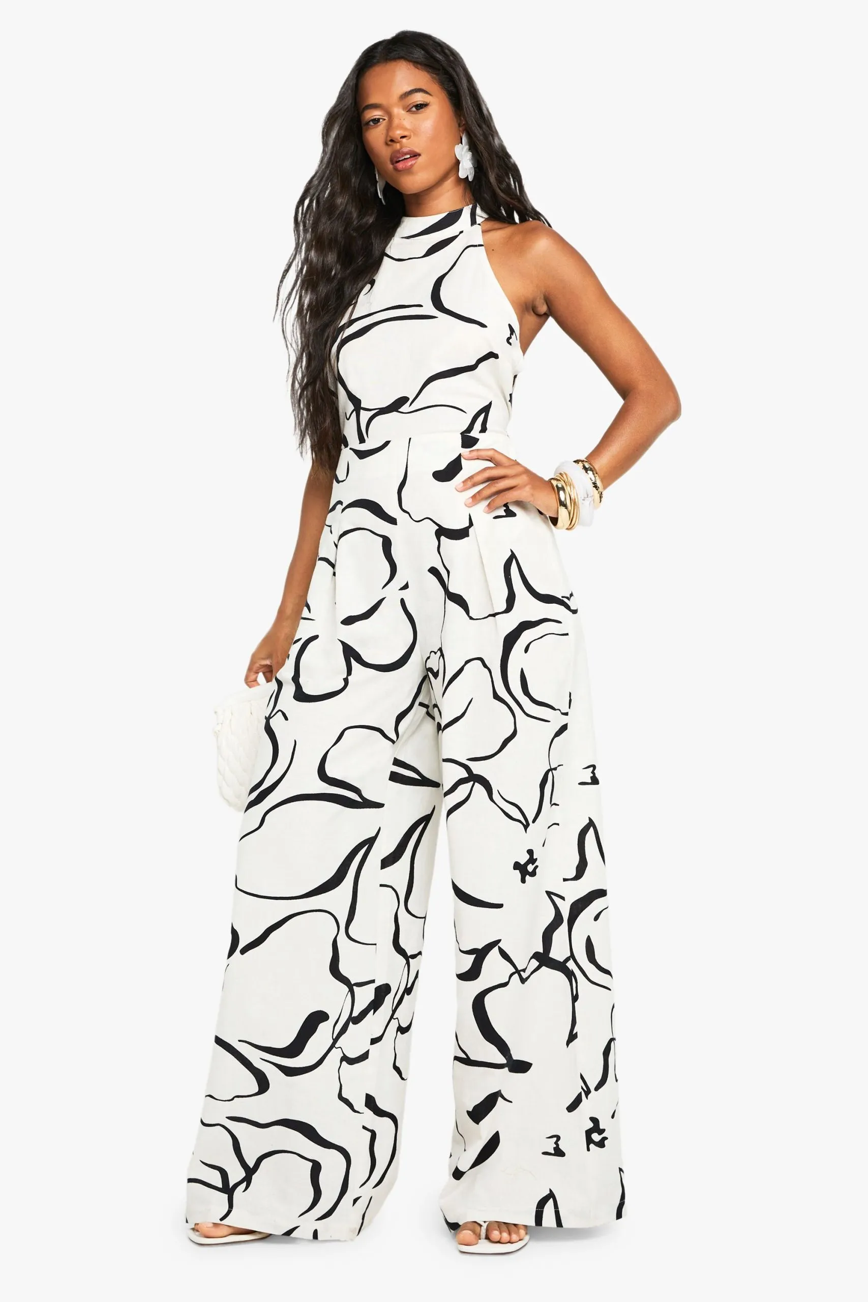 Abstract Floral Linen Look Halterneck Backless Jumpsuit