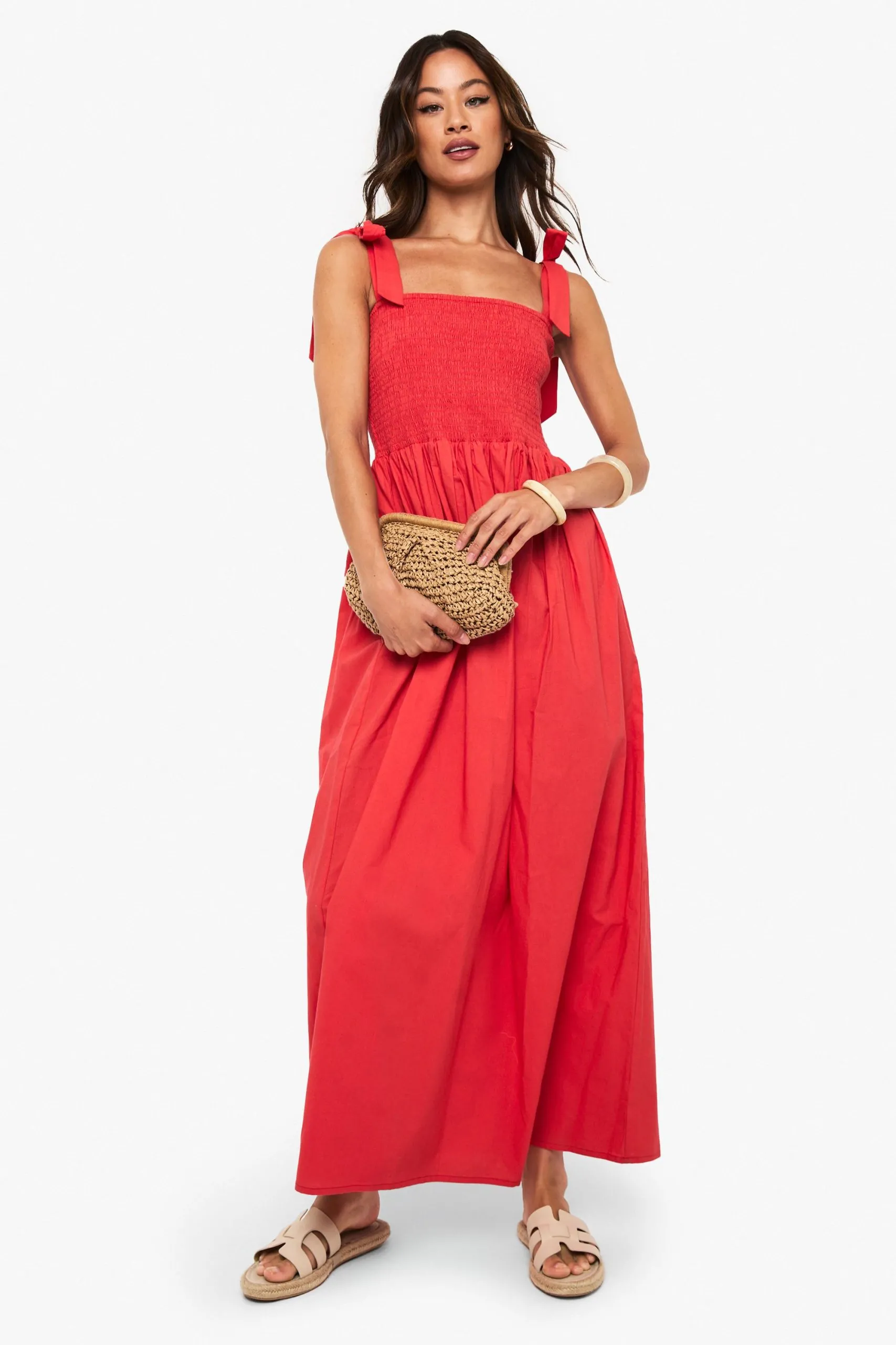Tall Tie Strap Shirred Poplin Maxi Dress