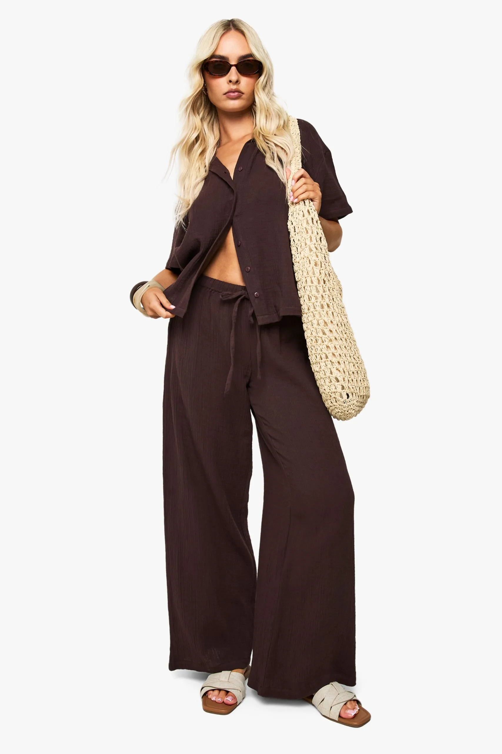 Crinkle Cotton Wide Leg Trousers