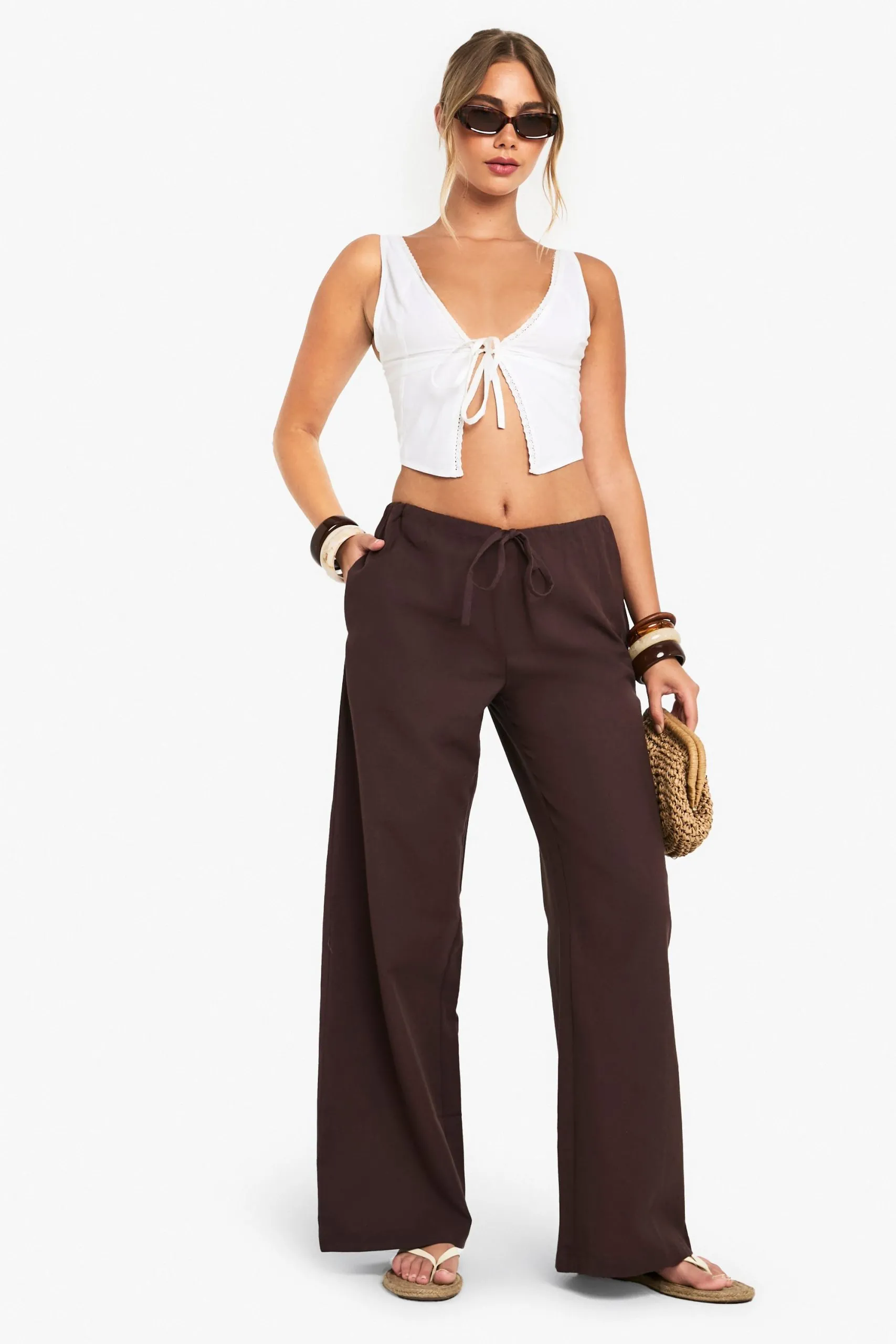 Skinny Waistband Linen Wide Leg Trousers