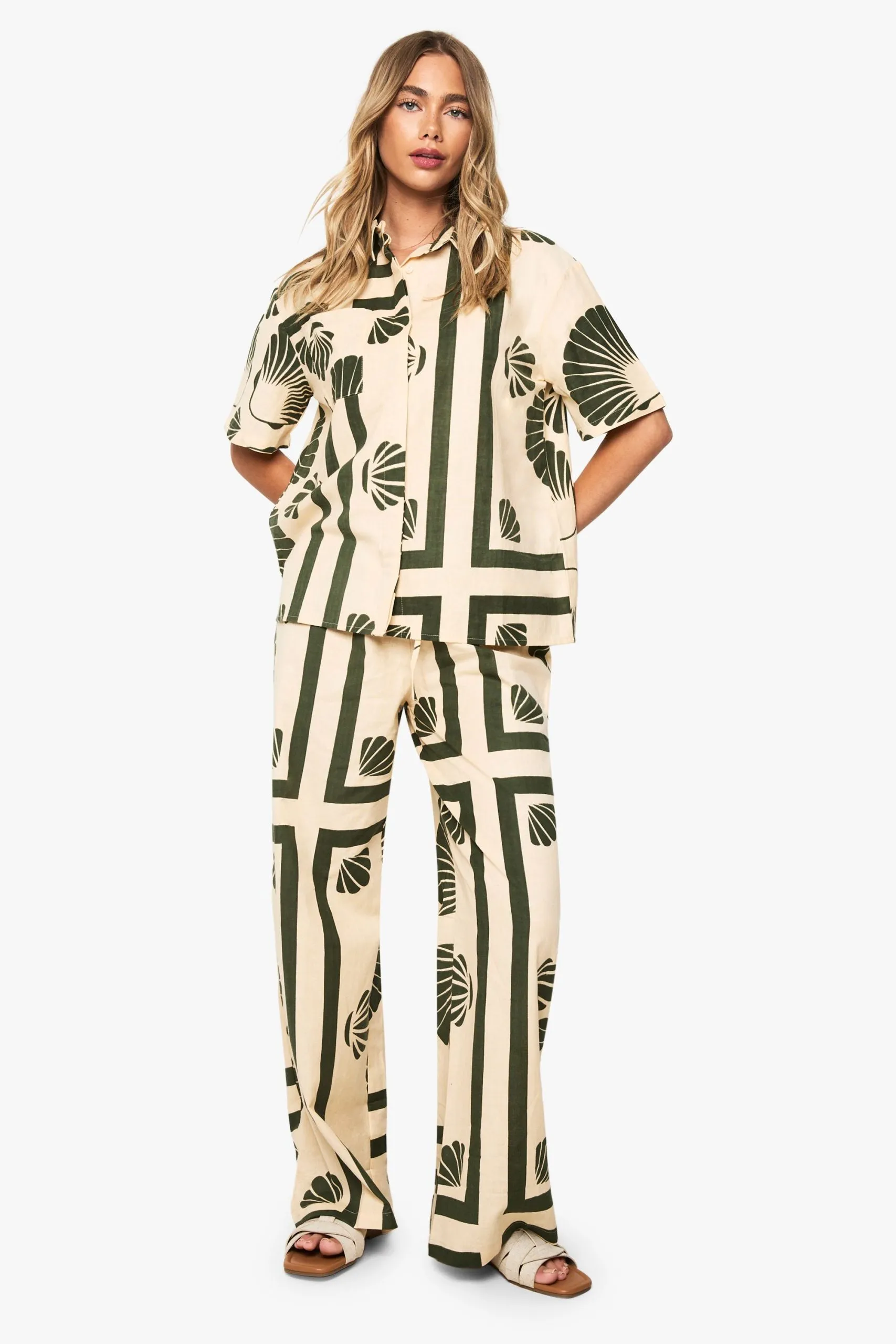 Shell Print Linen Wide Leg Trousers