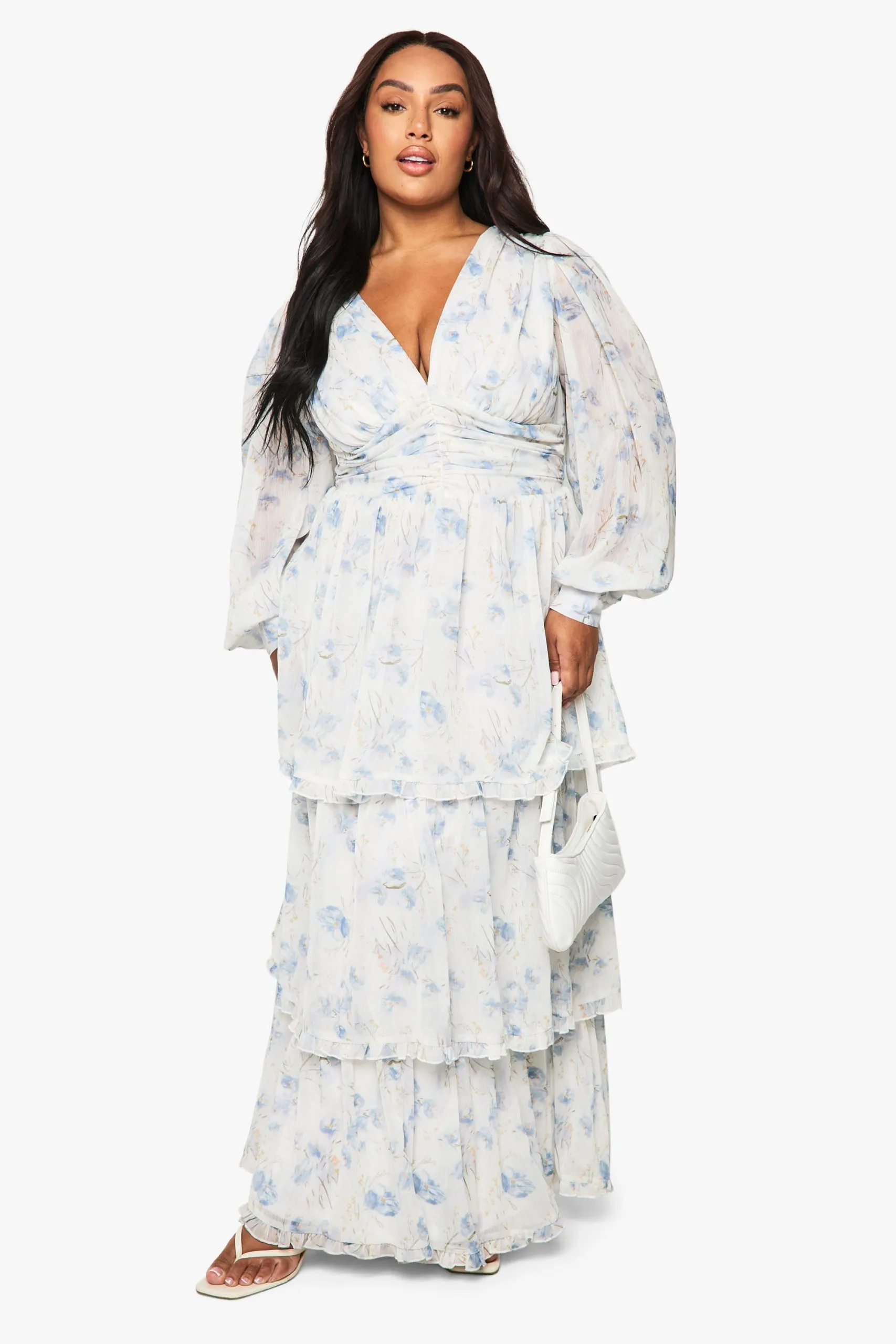 Plus Floral Chiffon Tiered Ruched Maxi Dress