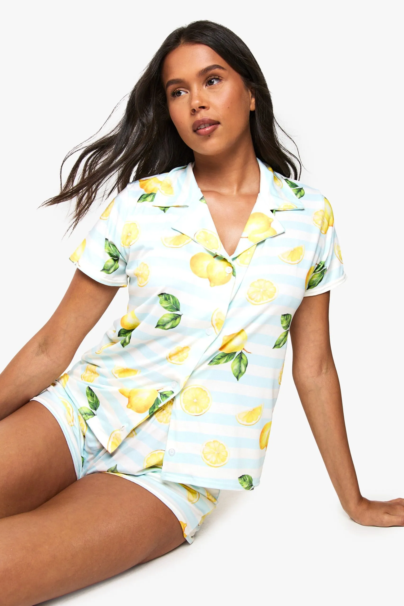 Lemon Print Stripe Short Sleeve Shirt & Shorts Pyjama Set