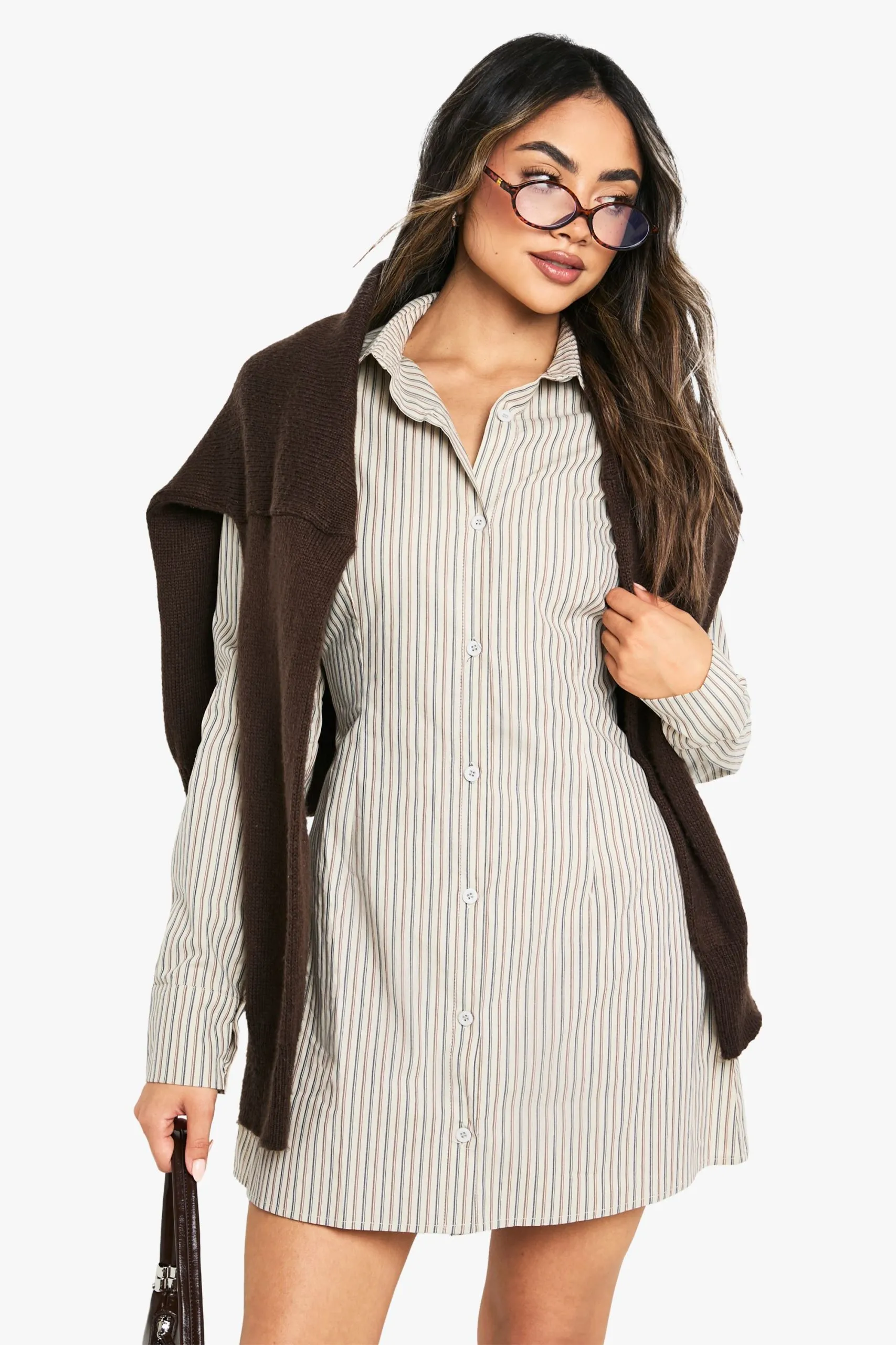 Stripe Cinched Waist Fitted Shirt Dress