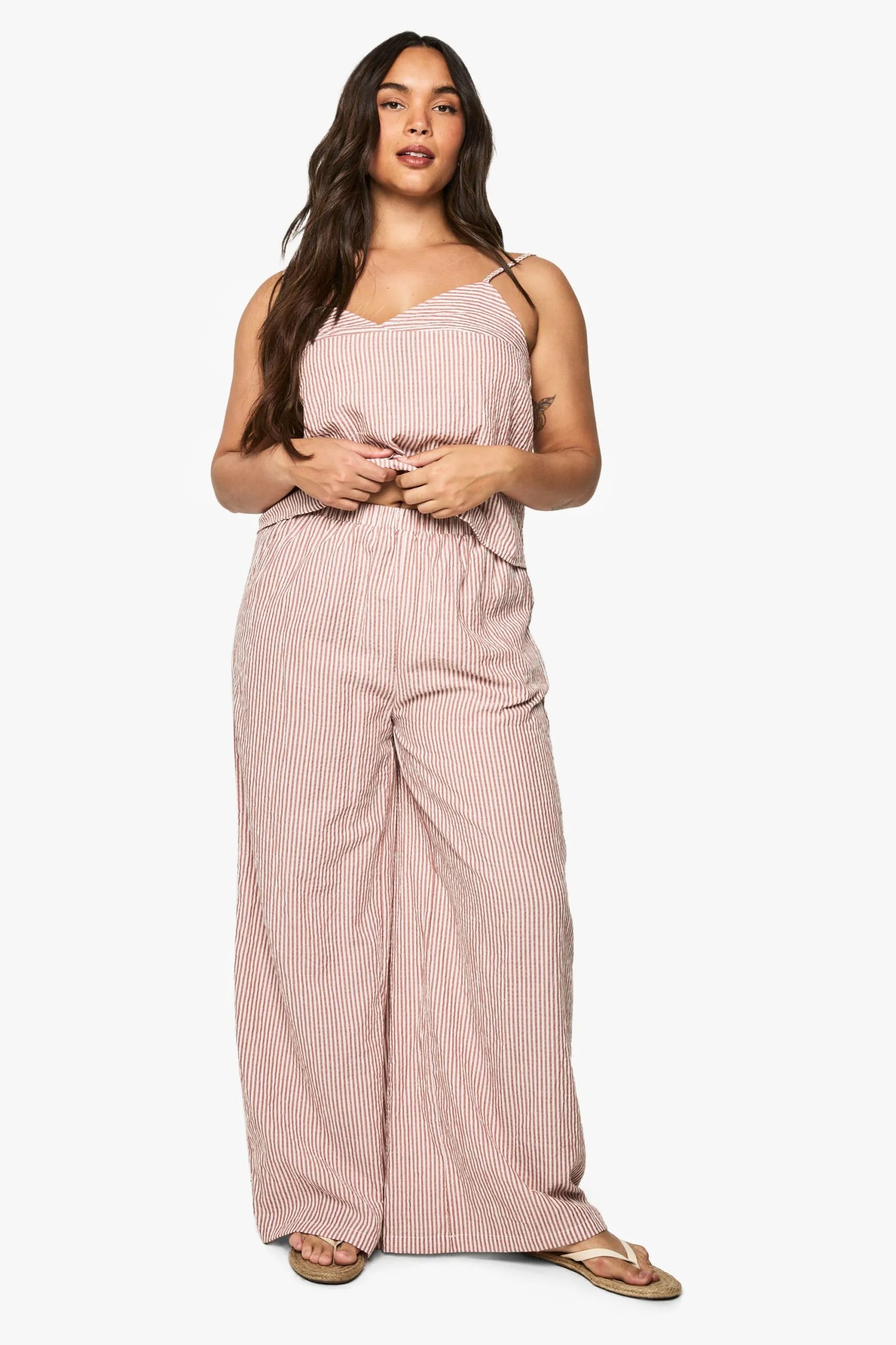 Plus Woven Stripe Elasticated Waist Wide Leg Trouser